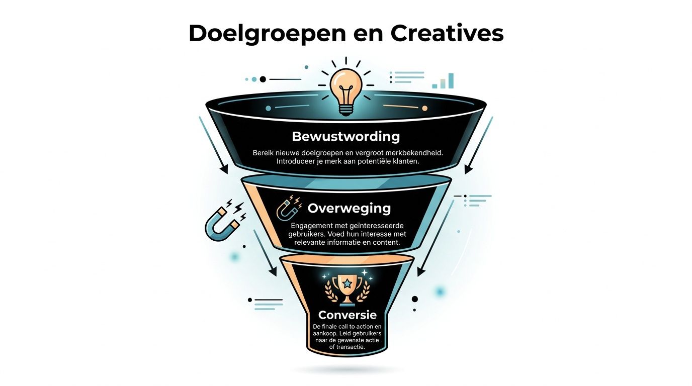 Een marketingfunnel die de fasen van bewustwording, overweging en conversie in een verkoopproces visueel weergeeft.