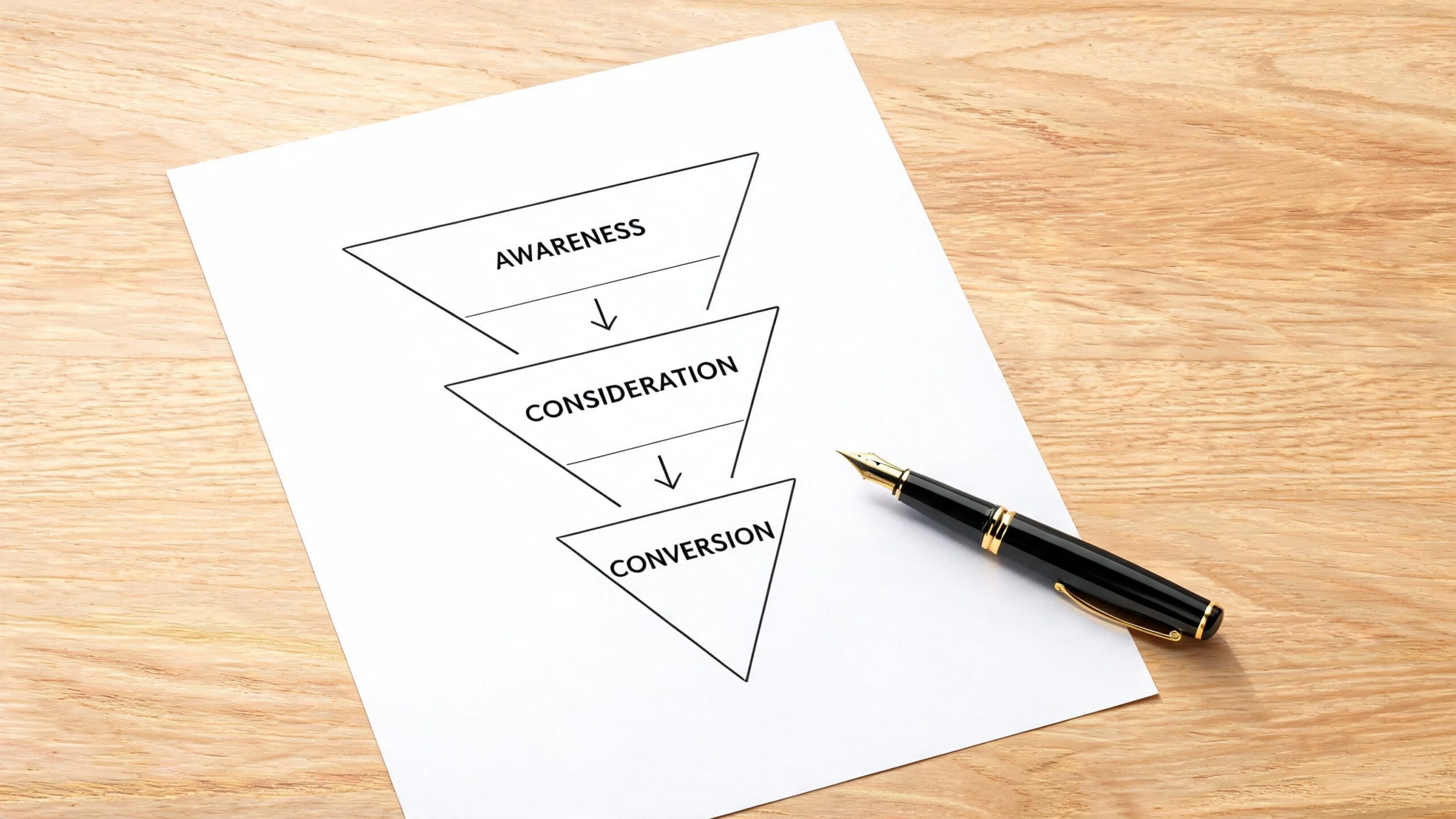 Een marketingfunnel op papier met de stadia awareness, consideration en conversion naast een zwarte vulpen.