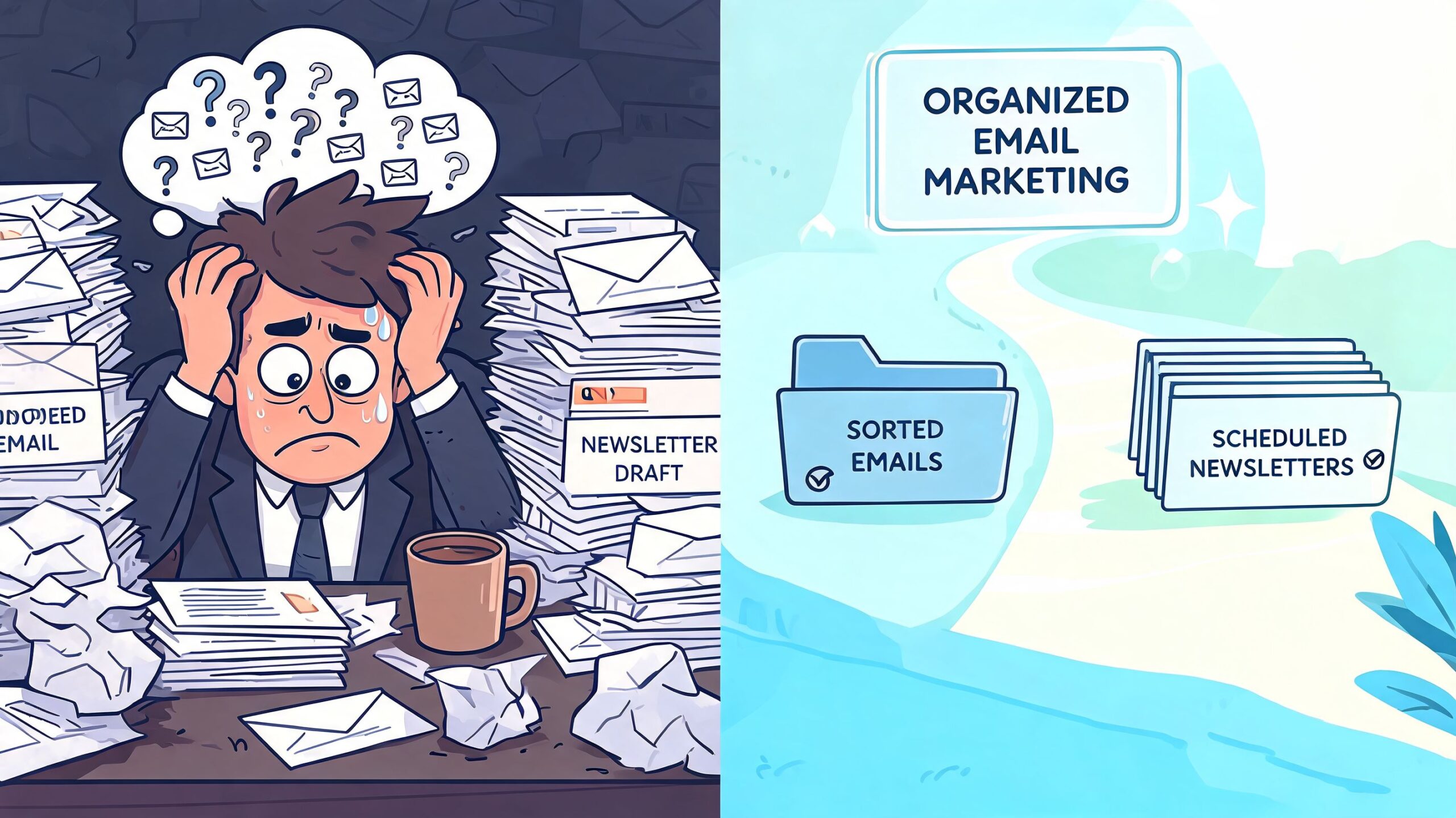 Een vergelijking van een gestreste marketeer met onoverzichtelijke e-mails versus georganiseerde en geplande e-mailmarketing strategieën.