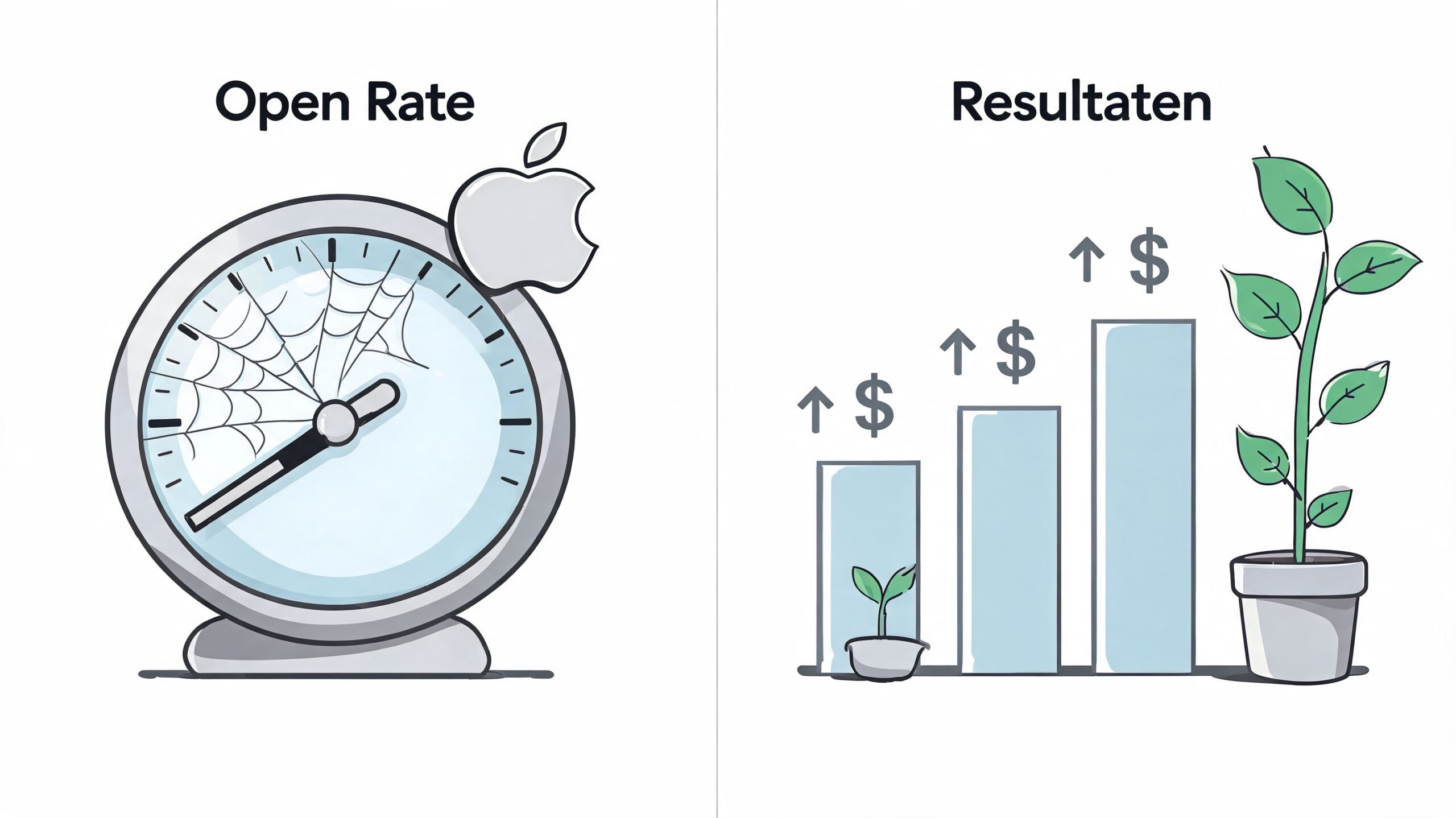 Illustratie met een spinnenweb op een klok naast een groeiende plant met stijgende financiële resultaten grafieken.