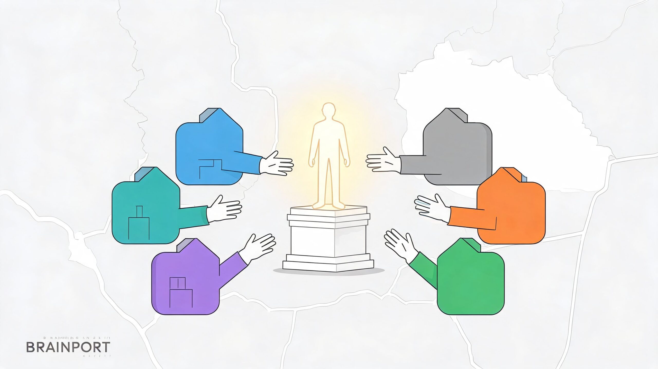 Een illustratie van een centraal figuur omringd door verschillende gekleurde huisvormige iconen met uitgestrekte handen.