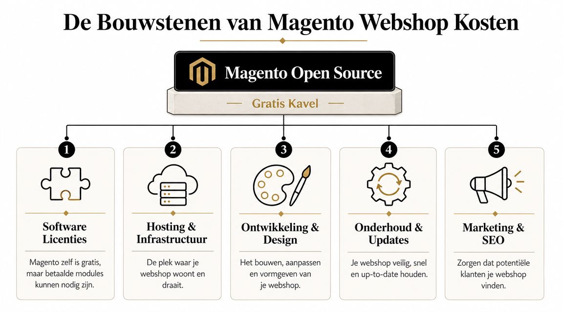 Een infographic met de vijf belangrijkste bouwstenen en bijbehorende kosten voor het ontwikkelen van een Magento webshop.