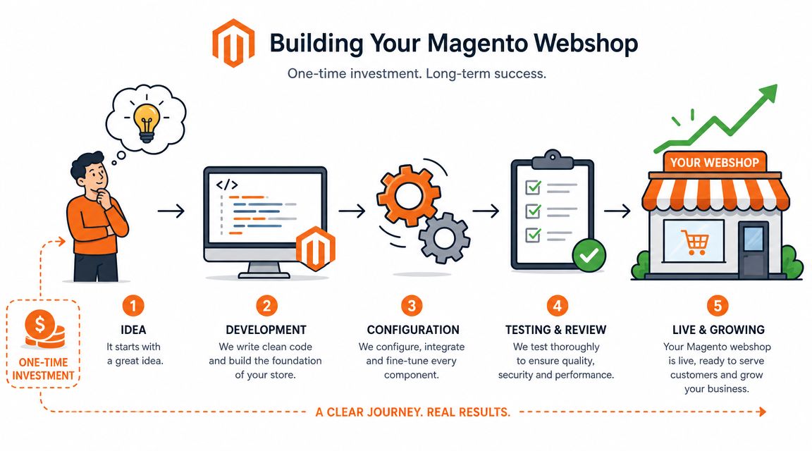 Een overzicht van het stappenplan voor het bouwen van een succesvolle Magento webshop als eenmalige investering.