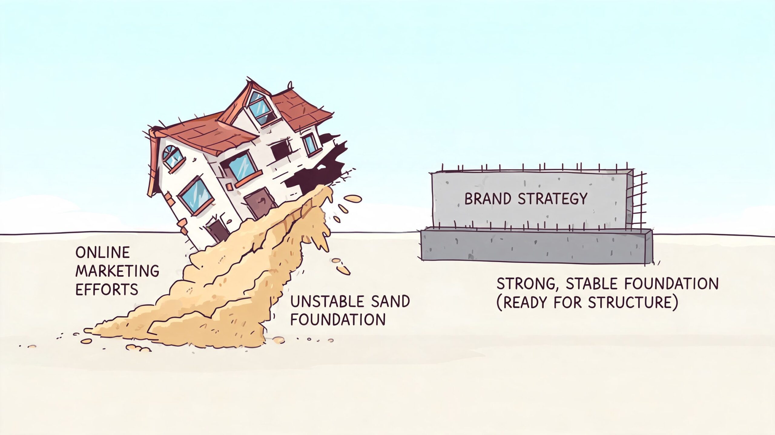 Een huis dat instort op zand tegenover een stevige betonnen fundering met de tekst 'Brand Strategy'.