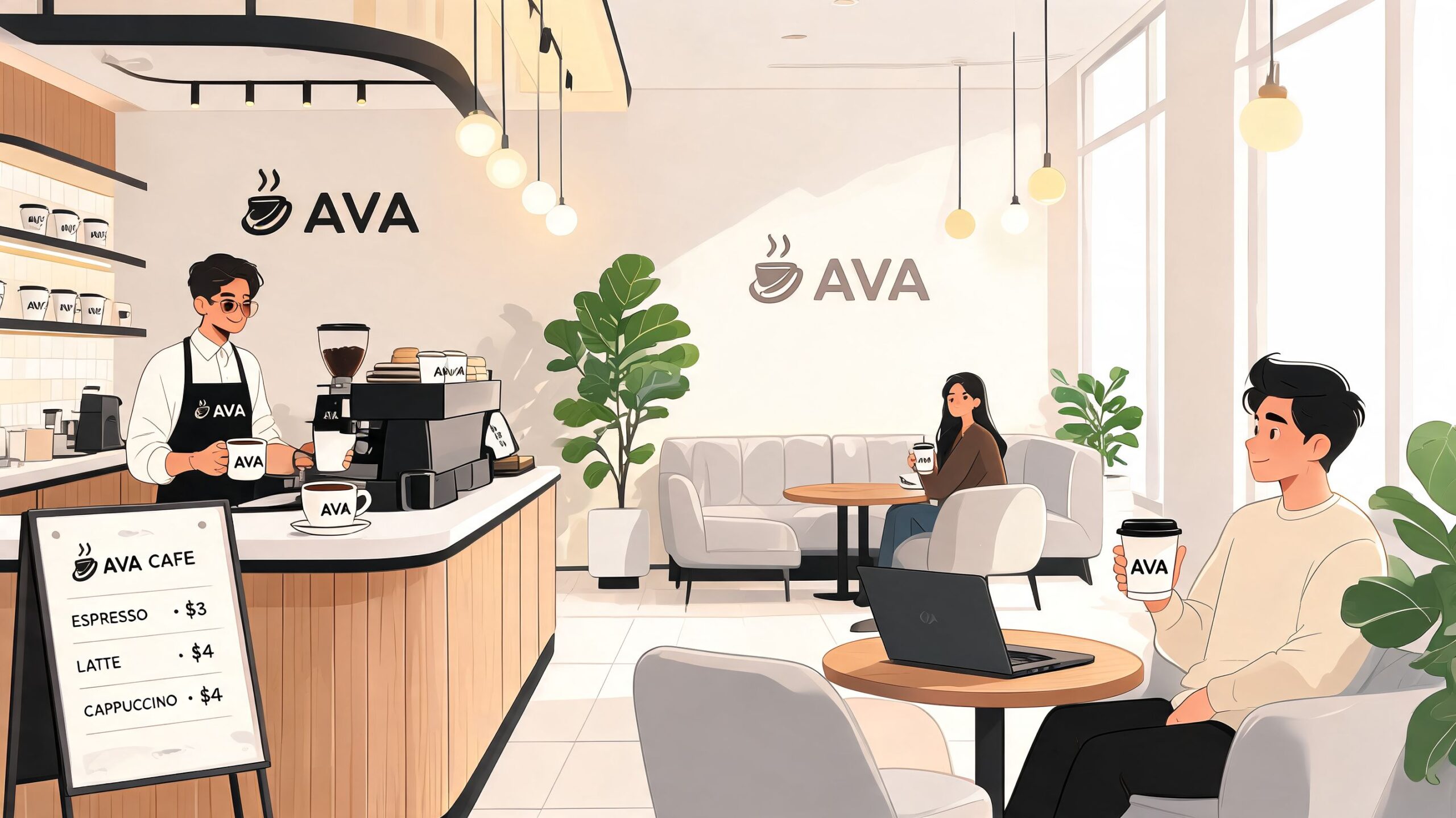 Een moderne, lichte koffiebar met een barista en klanten die ontspannen werken in een gezellige sfeer.