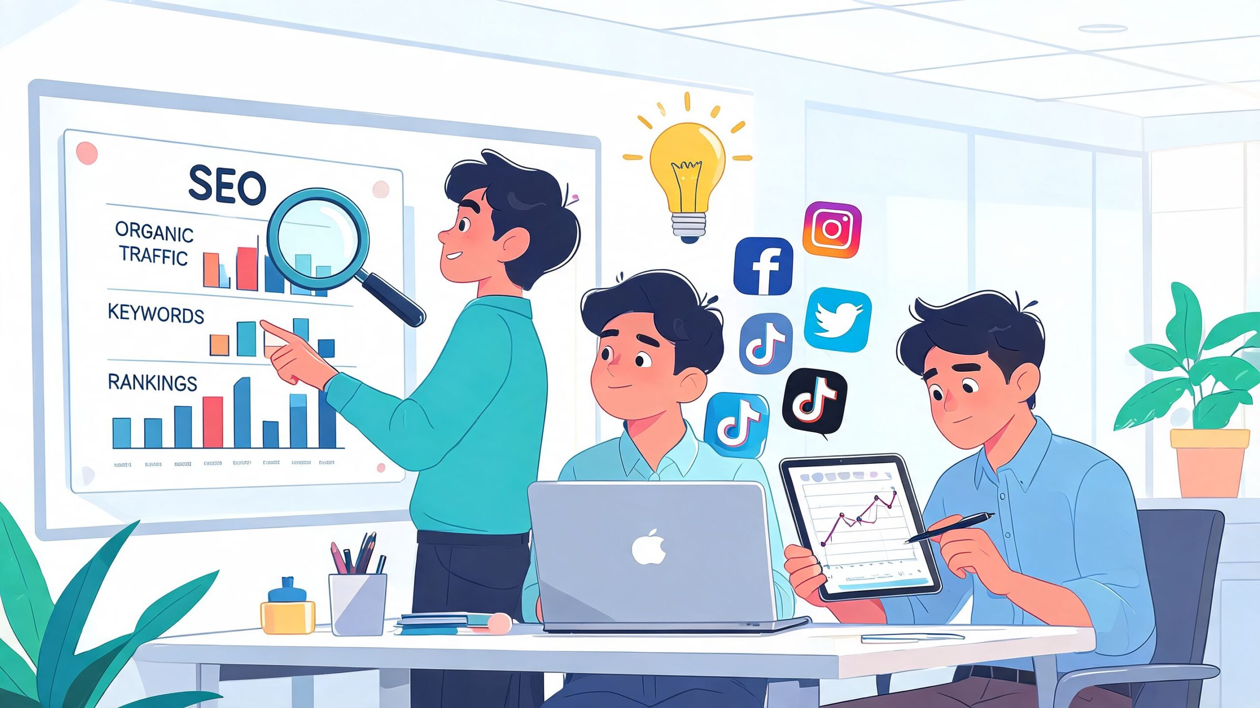 Drie teamleden van een online marketingbureau bespreken SEO-strategieën en social media prestaties in een modern kantoor.