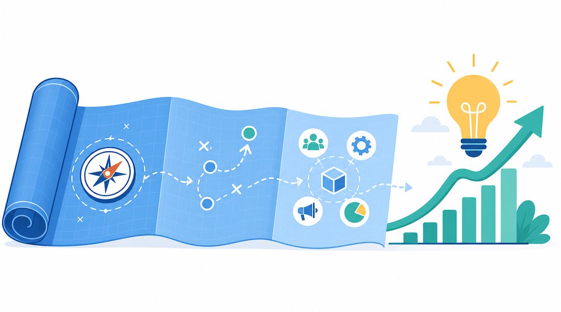 Een blauwdruk die de strategie van online marketing voor bedrijfsgroei en innovatie via een stappenplan illustreert.