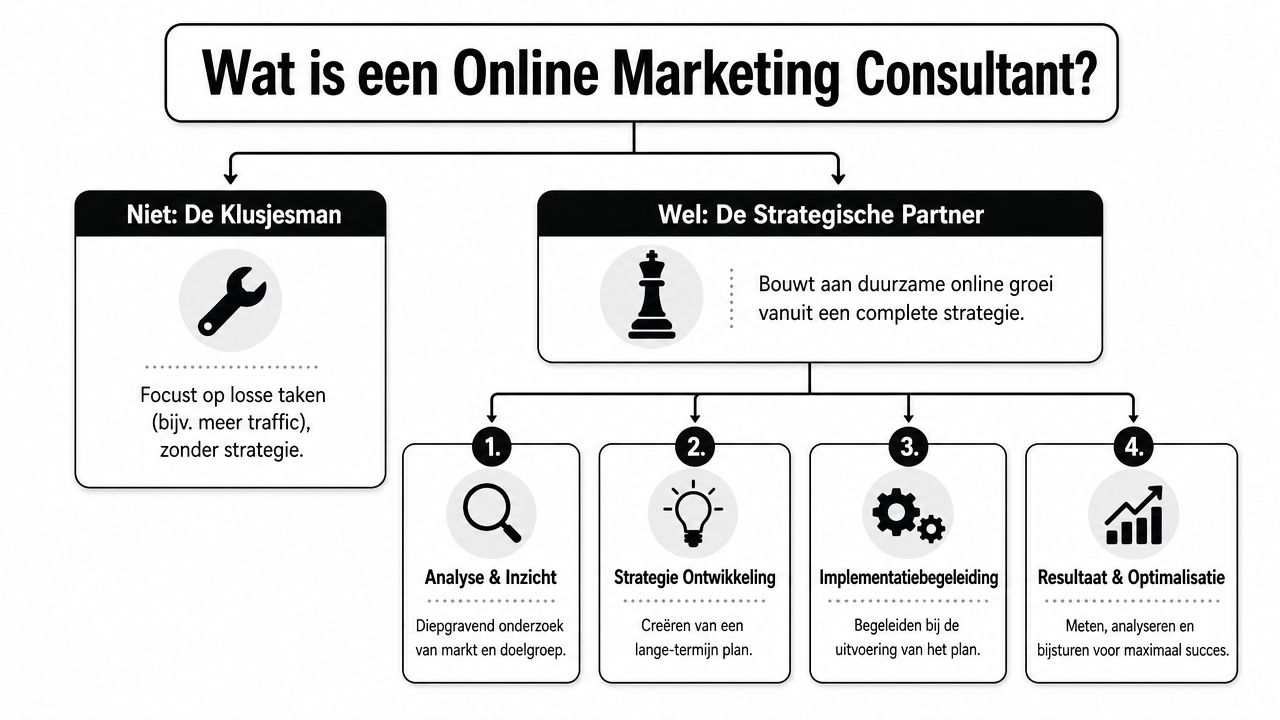 Een infographic die het verschil uitlegt tussen een online marketing consultant als strategische partner versus een klusjesman.