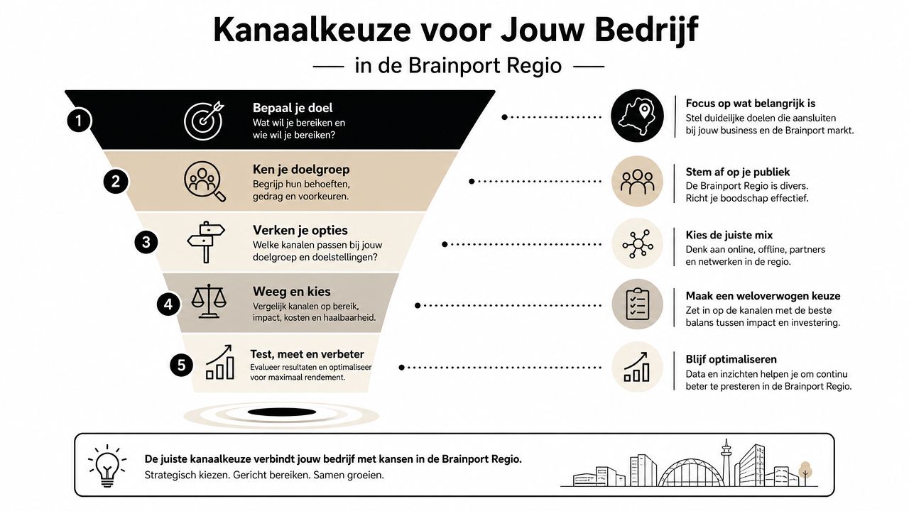 Een stappenplan in een trechtervorm over het kiezen van de juiste marketingkanalen in de Brainport Regio.