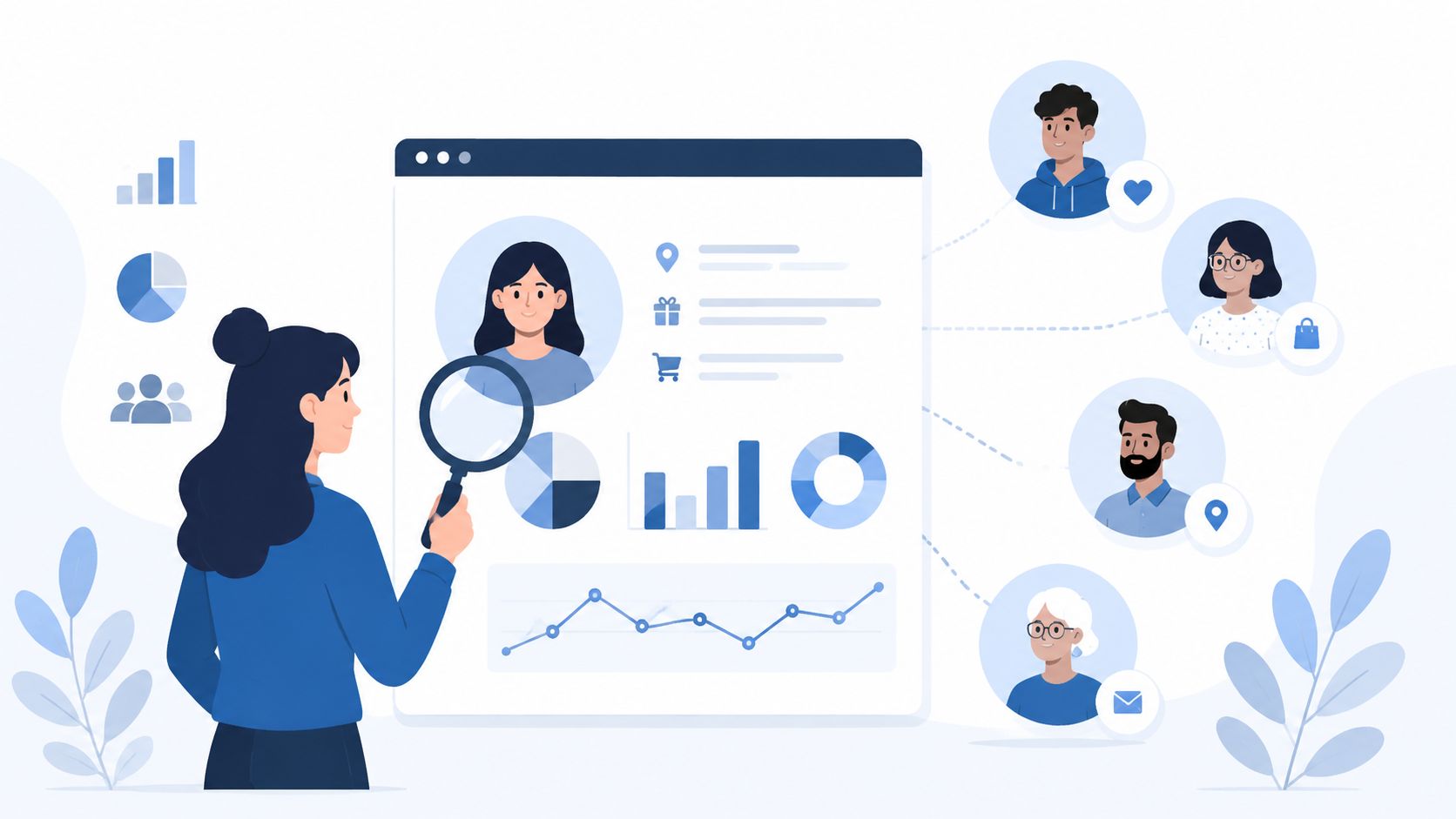 Een vrouw analyseert klantgegevens op een digitaal dashboard met grafieken en connecties tussen verschillende gebruikersprofielen.