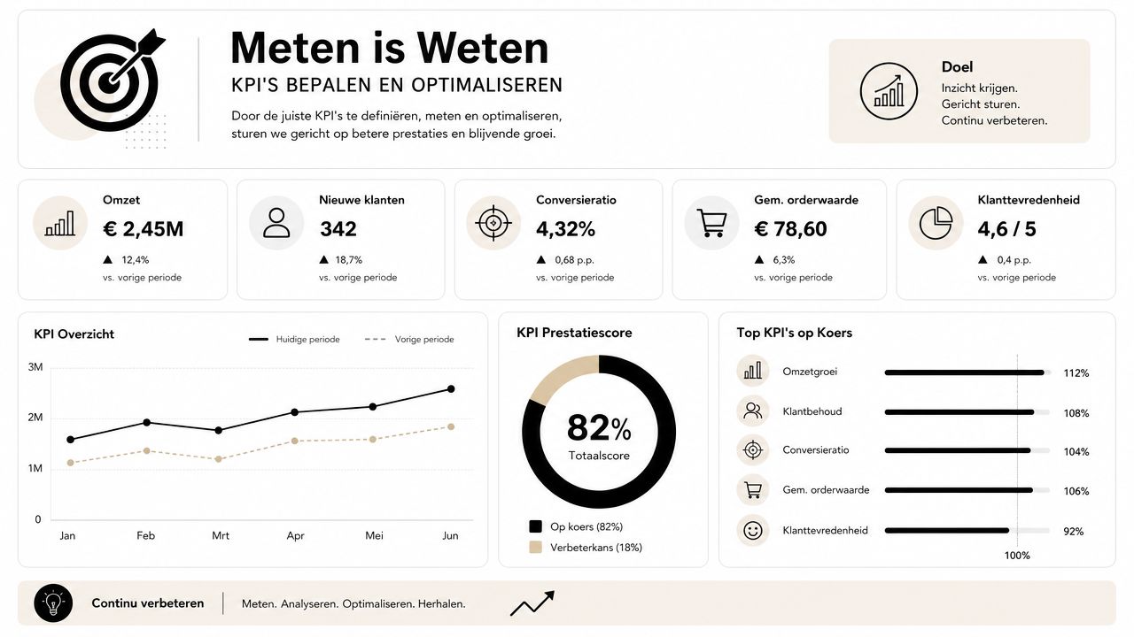 Een dashboard toont verschillende online marketing KPI's, zoals omzet, conversieratio en klanttevredenheid voor strategische groei.