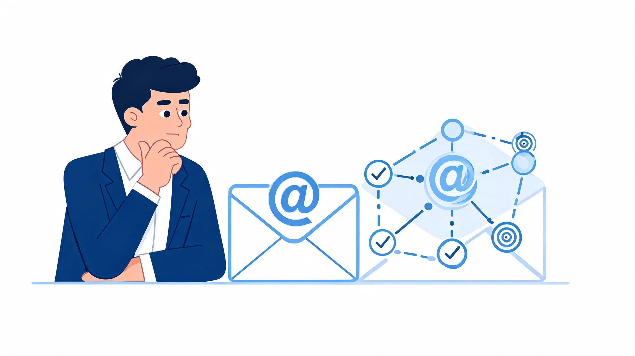 Een man in een zakelijk pak kijkt nadenkend naar e-mail marketing concepten en digitale netwerkverbindingen.