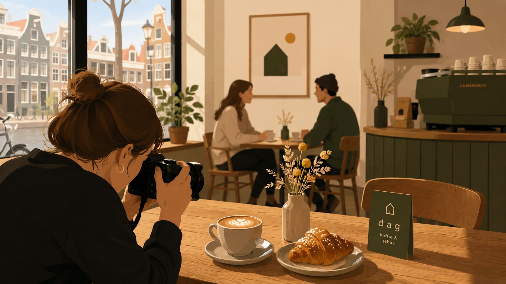 Een fotograaf maakt een close-up foto van een cappuccino en een croissant in een gezellig café.