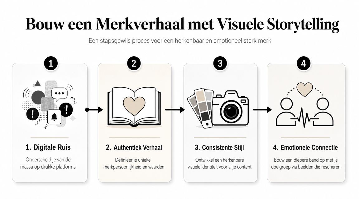Een overzichtelijk schema van vier stappen voor het bouwen van een sterk merkverhaal met visuele storytelling.