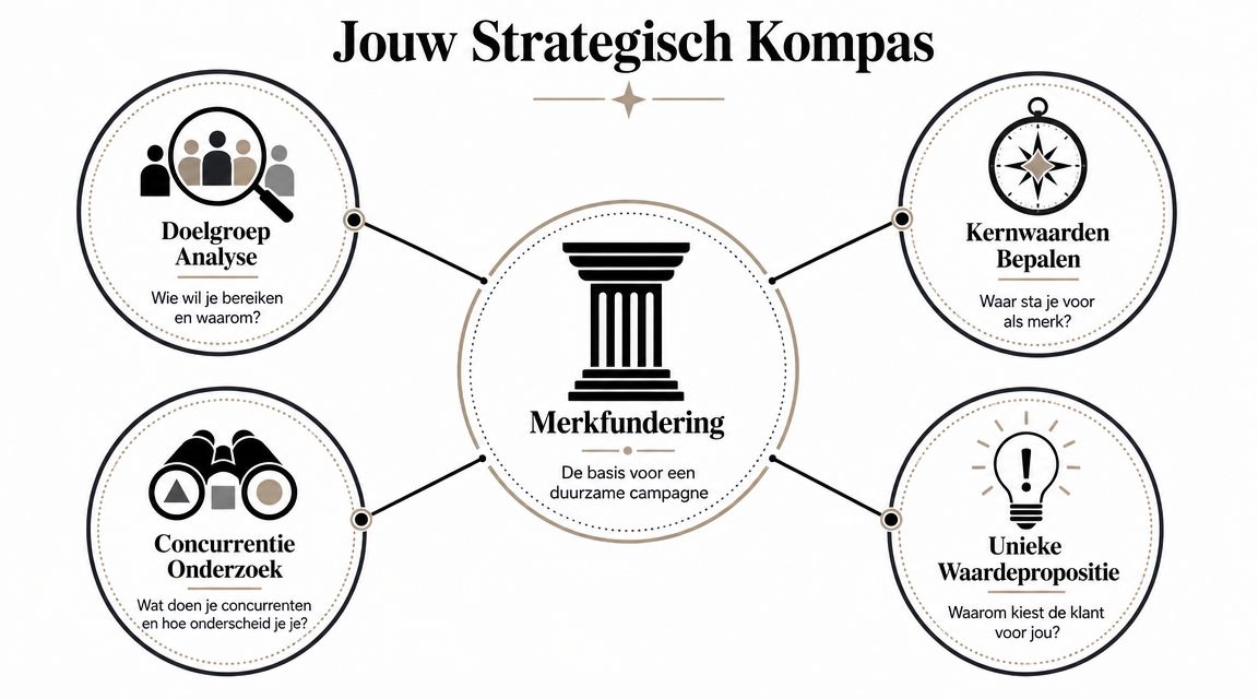 Een strategisch kompas met vier pijlers voor een succesvolle merkfundering, waaronder doelgroepanalyse, kernwaarden, concurrentieonderzoek en waardepropositie.