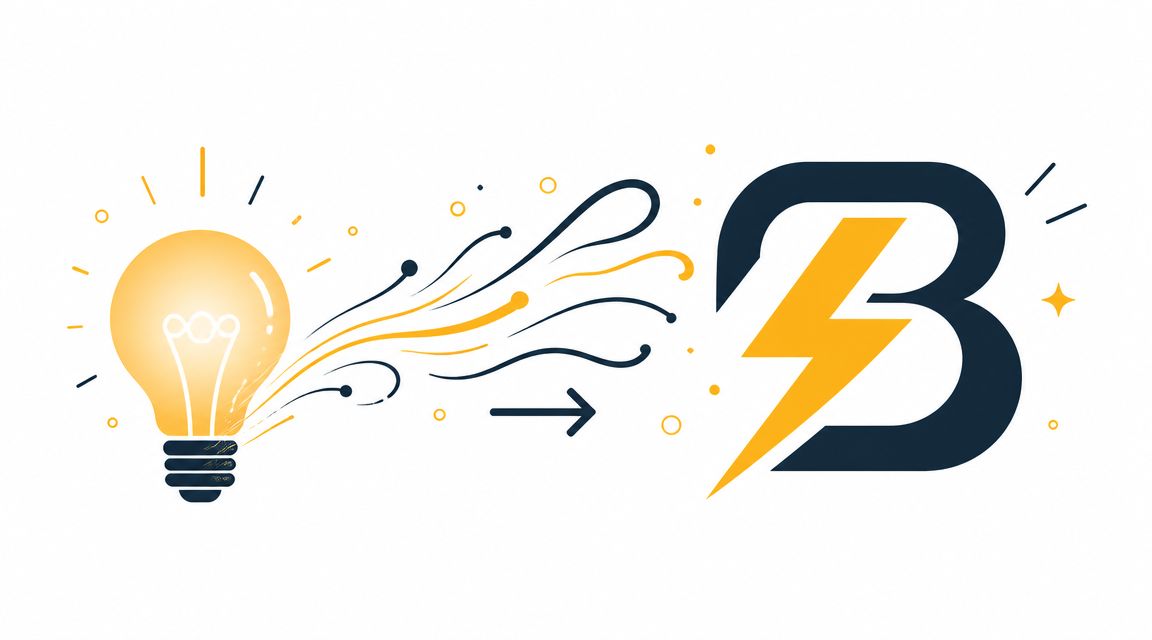 Een gloeilamp die energie en creatieve ideeën stuurt naar een gestileerd logo van de letter B.