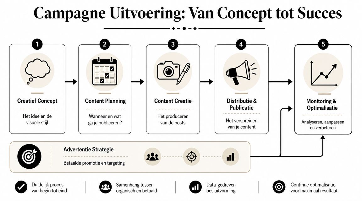 Een stroomschema in vijf stappen dat het proces van een succesvolle social media campagne visueel in kaart brengt.