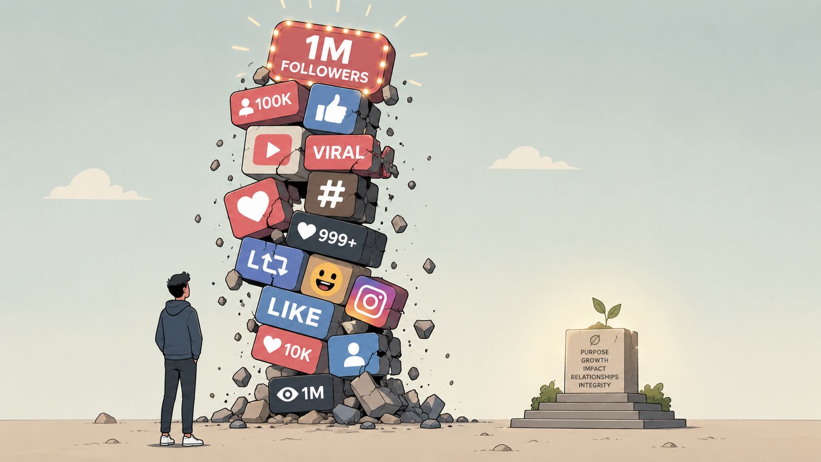 Een man kijkt naar een wankele toren van social media iconen naast een solide fundering met waarden.