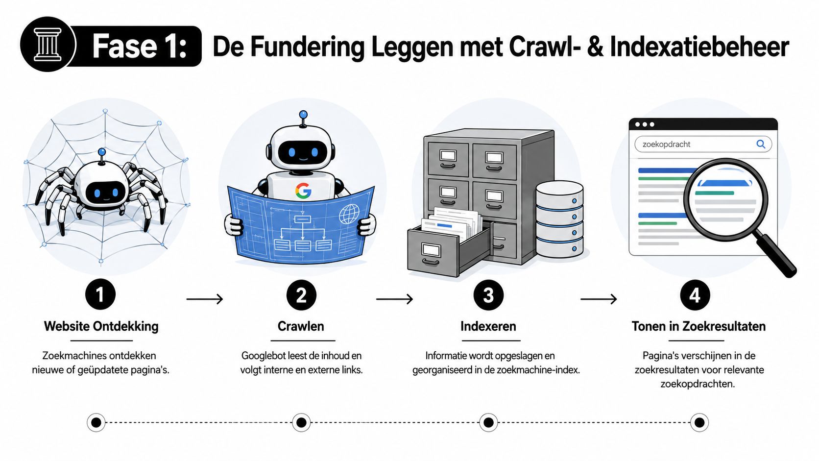 Een infographic die de vier fasen van het SEO crawl- en indexatieproces van zoekmachines uitlegt.
