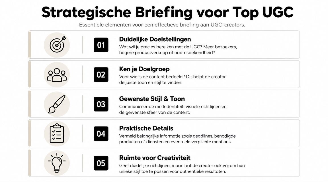 Een infographic met vijf essentiële stappen voor het schrijven van een strategische briefing voor UGC-creators.