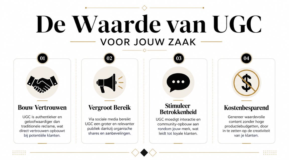 Een infographic die de vier belangrijkste voordelen van door gebruikers gegenereerde inhoud voor bedrijven toelicht.
