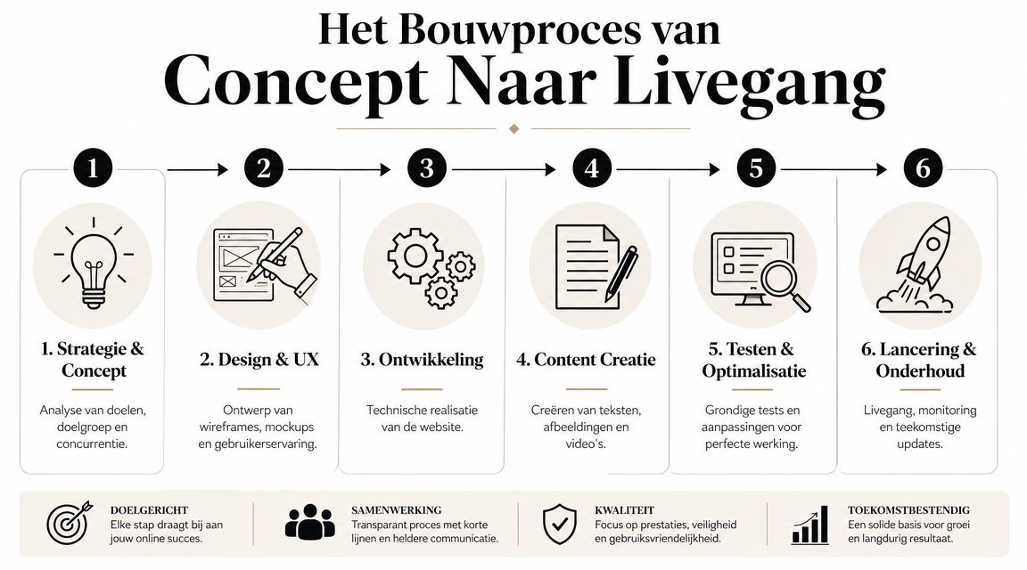 Een infographic die de zes stappen van het proces van concept tot livegang voor websitebouw visualiseert.