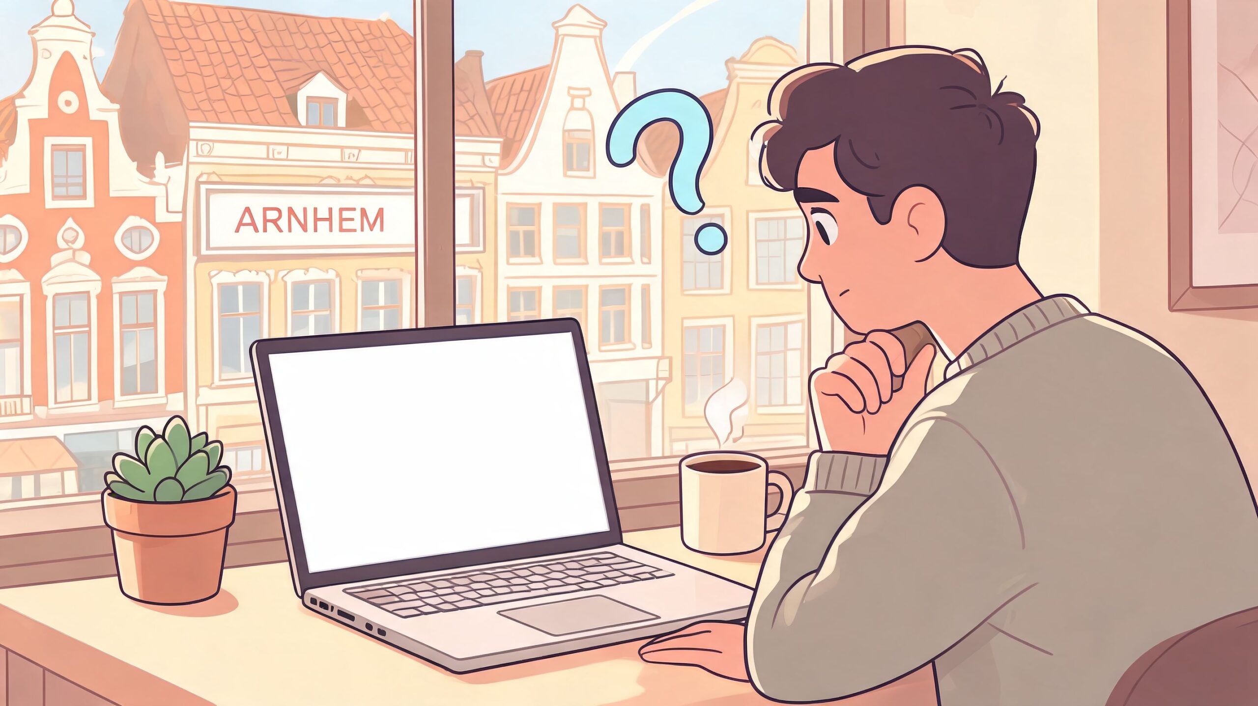 Een jonge man kijkt peinzend naar een leeg laptopscherm in een gezellige werkkamer met uitzicht op Arnhem.