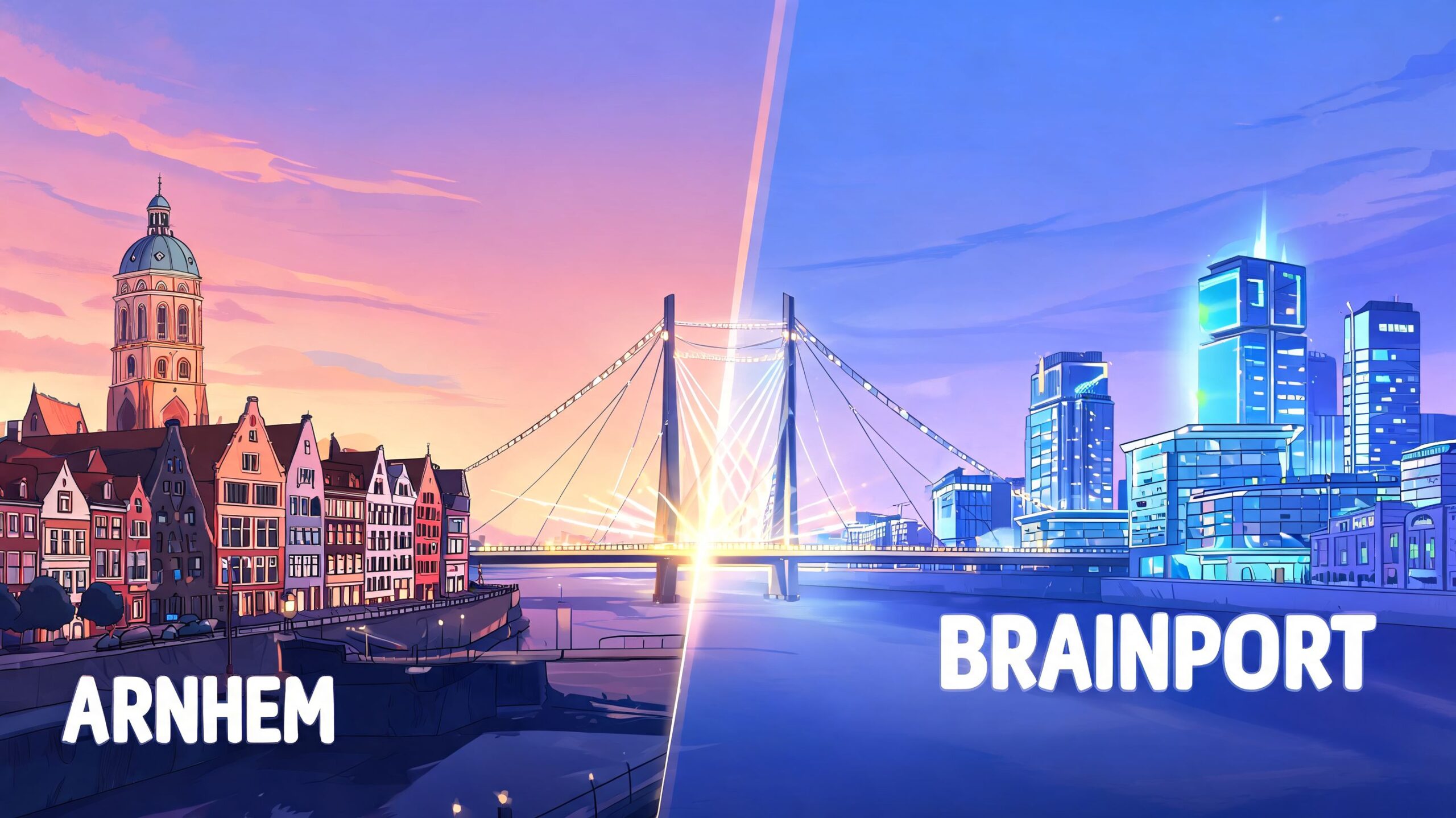 Een artistieke illustratie die Arnhem links en Brainport rechts combineert met een moderne brug en zonsondergang.