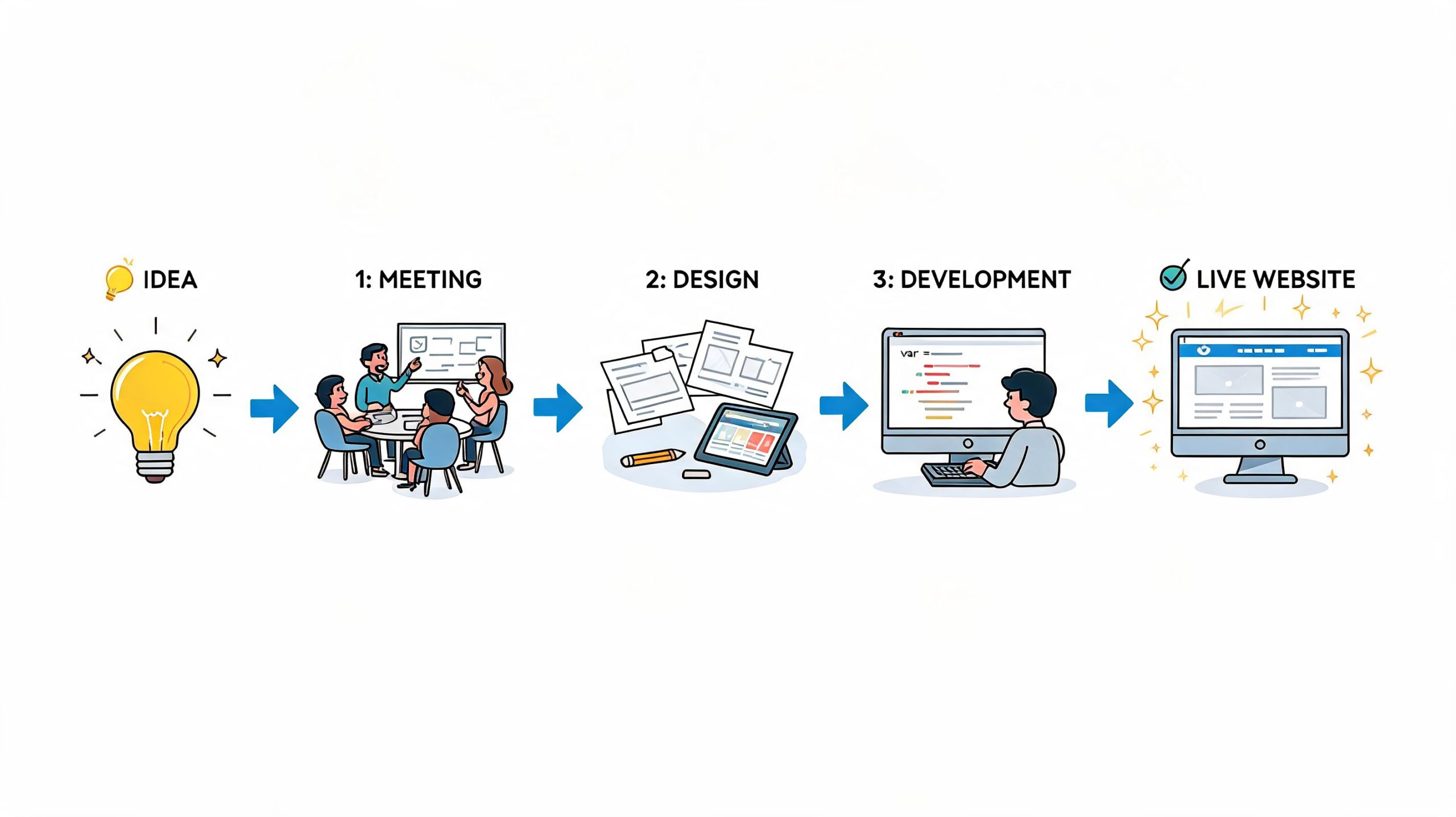Een overzichtelijk stappenplan van het proces voor het creëren van een professionele website van idee tot livegang.