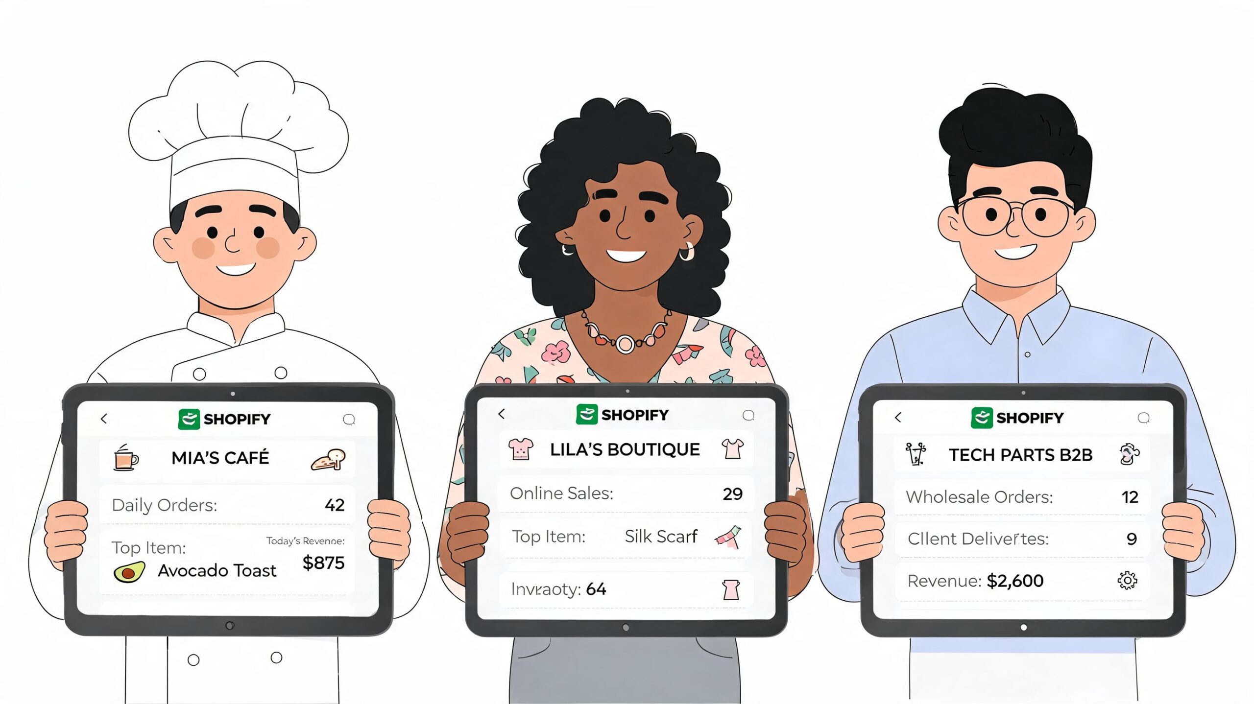 Drie ondernemers tonen hun Shopify dashboard met bedrijfsstatistieken op een tablet in een getekende illustratie.