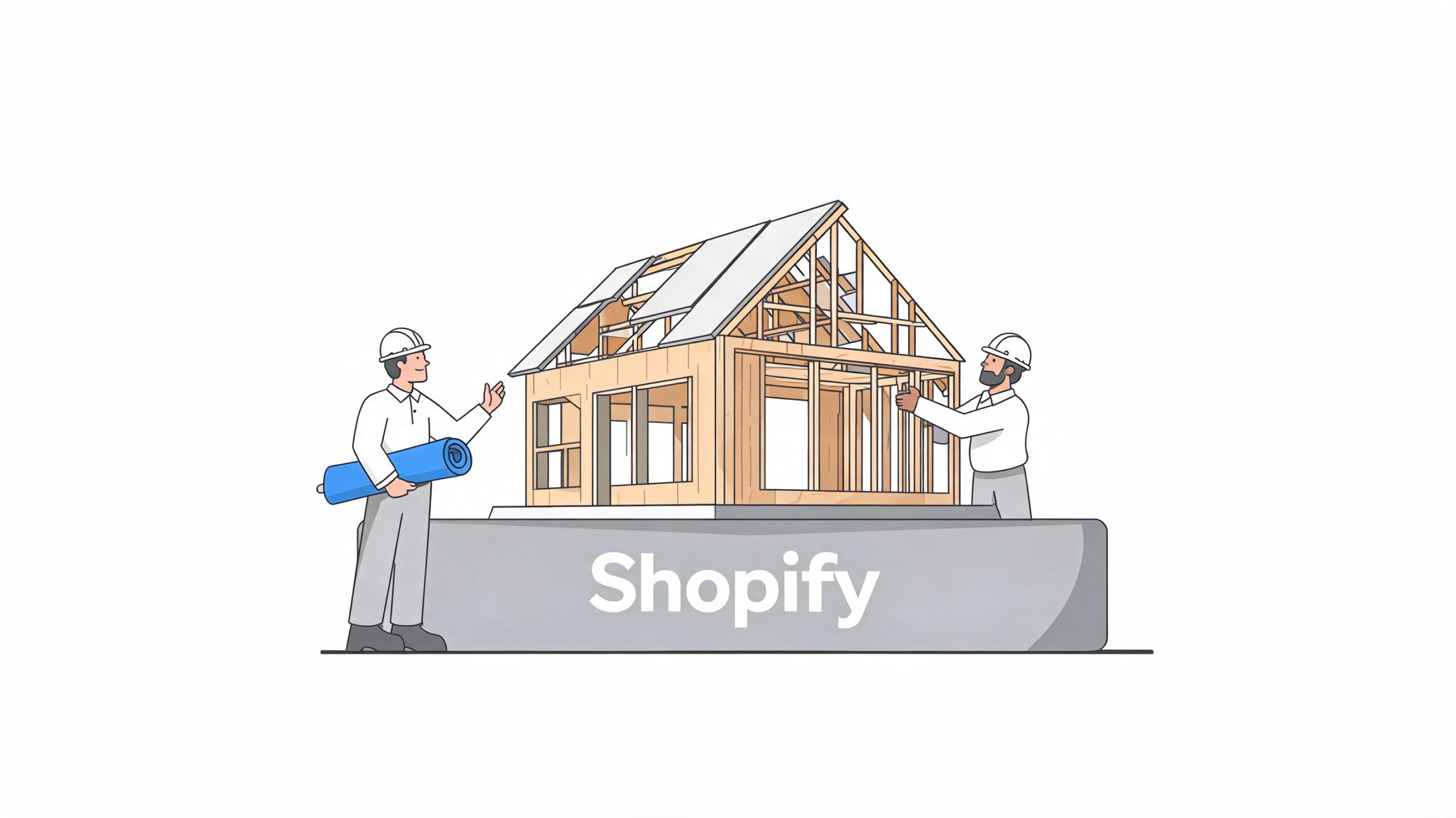 Twee bouwvakkers met bouwtekeningen bouwen een houten huis op een sokkel met het logo van Shopify.