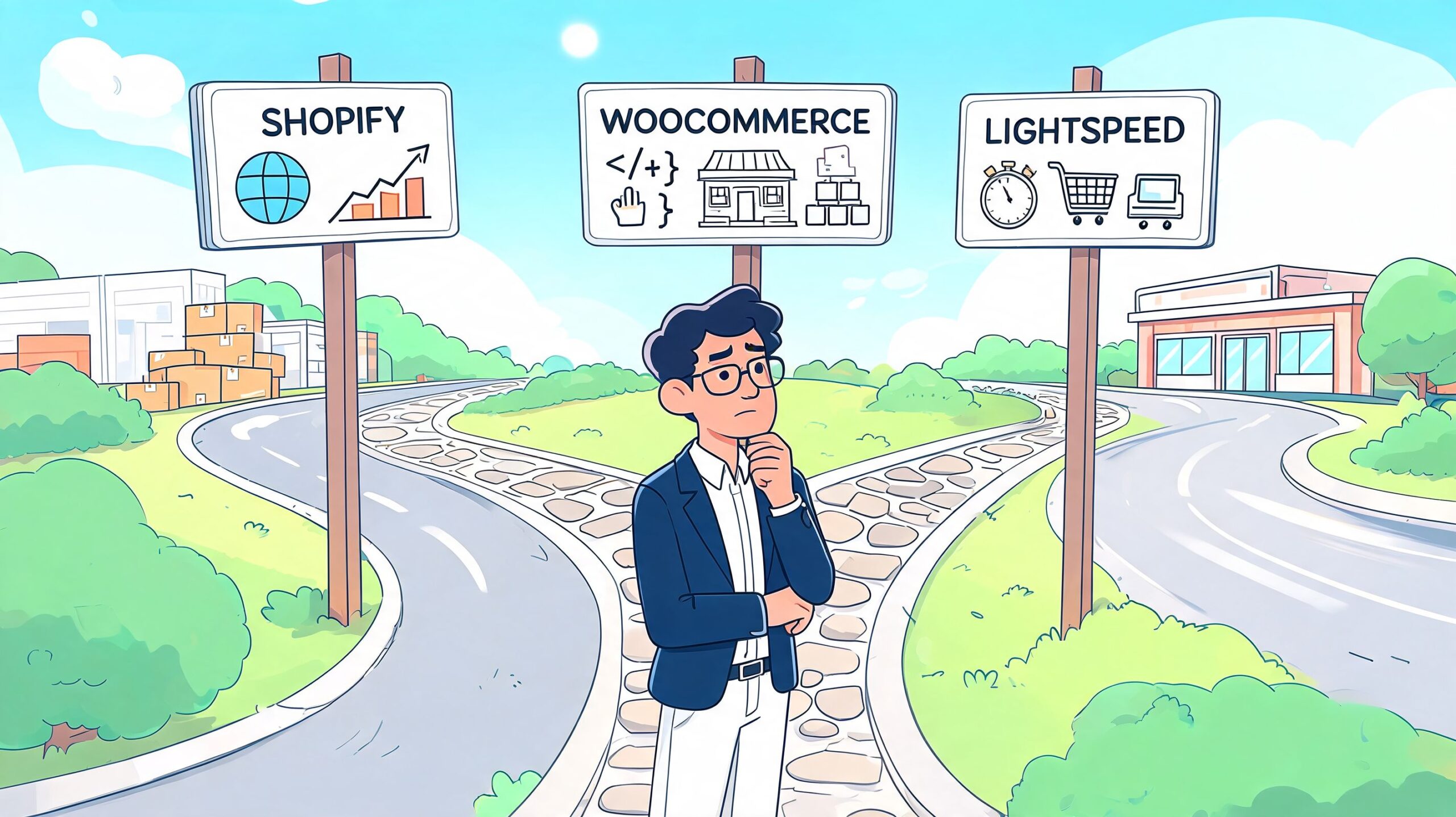 Een twijfelende man die moet kiezen tussen e-commerce platforms Shopify, WooCommerce en Lightspeed op een kruispunt.