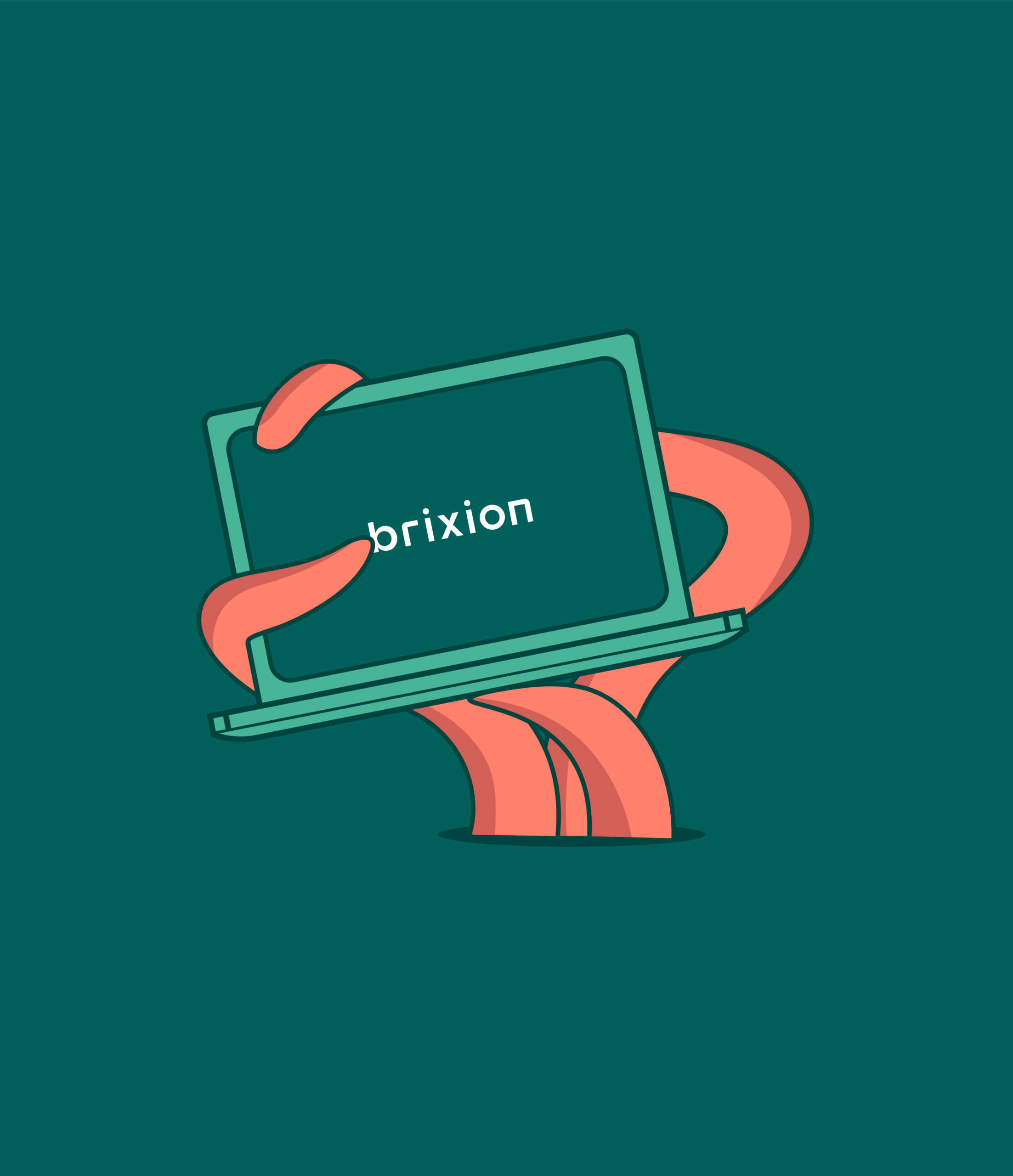 Illustration of a laptop displaying the Brixion logo, wrapped in orange octopus tentacles