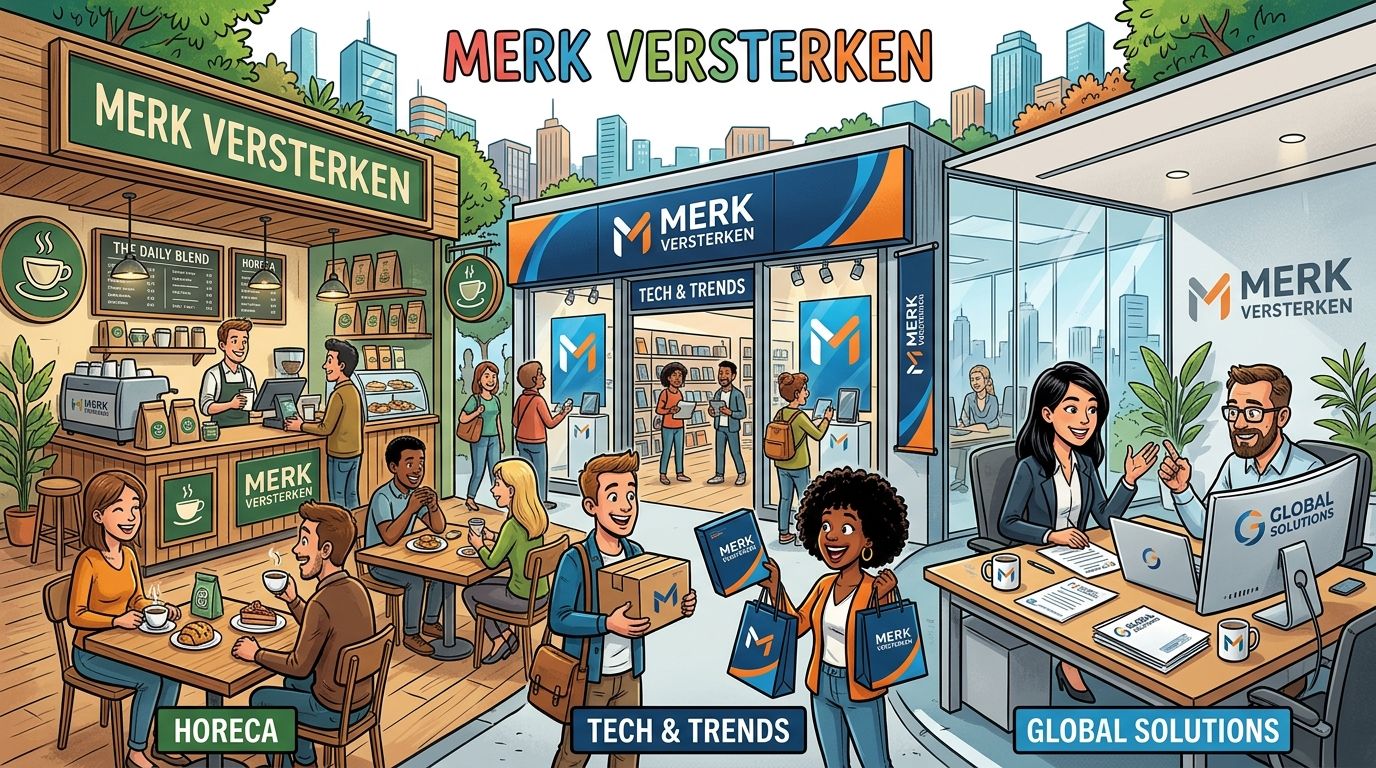 Een illustratie van drie verschillende zakelijke sectoren: horeca, technologie en wereldwijde bedrijfsoplossingen onder één merknaam.
