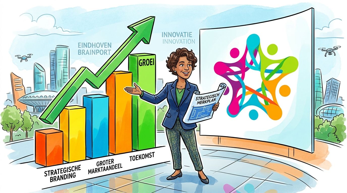 Een zakelijke vrouw presenteert een strategisch merkplan en groeigrafiek voor de Brainport regio in Eindhoven.