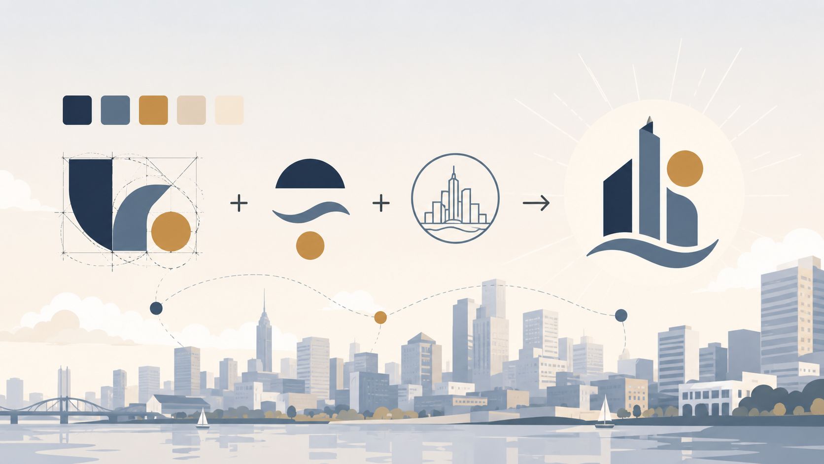 Een infographic die de opbouw van een modern bedrijfslogo met stadselementen en kleurpaletten illustreert.