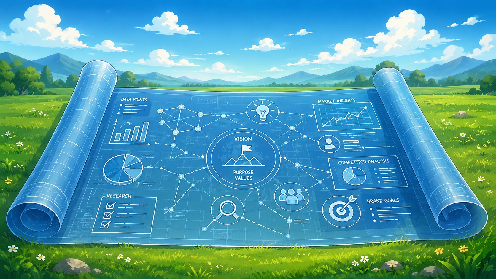 Een blauwdruk op een groen grasveld met diagrammen over merkstrategie, doelen en bedrijfsontwikkeling in een landschap.