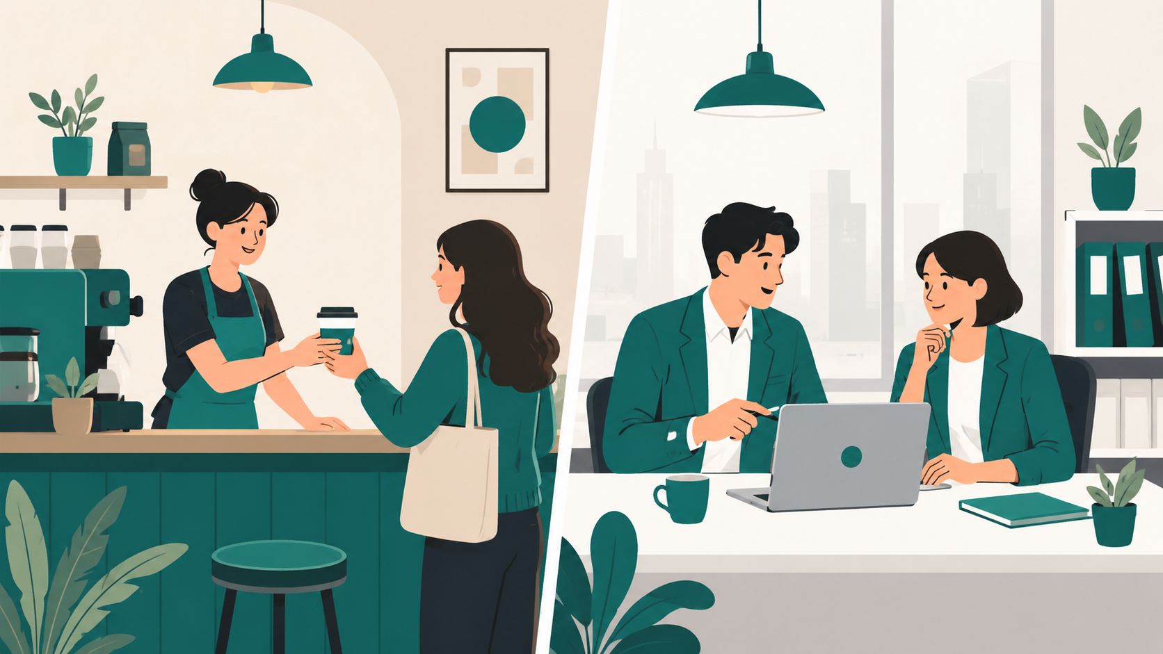 Illustratie van een barista in een koffiebar en twee zakelijke professionals die samenwerken aan een laptop.
