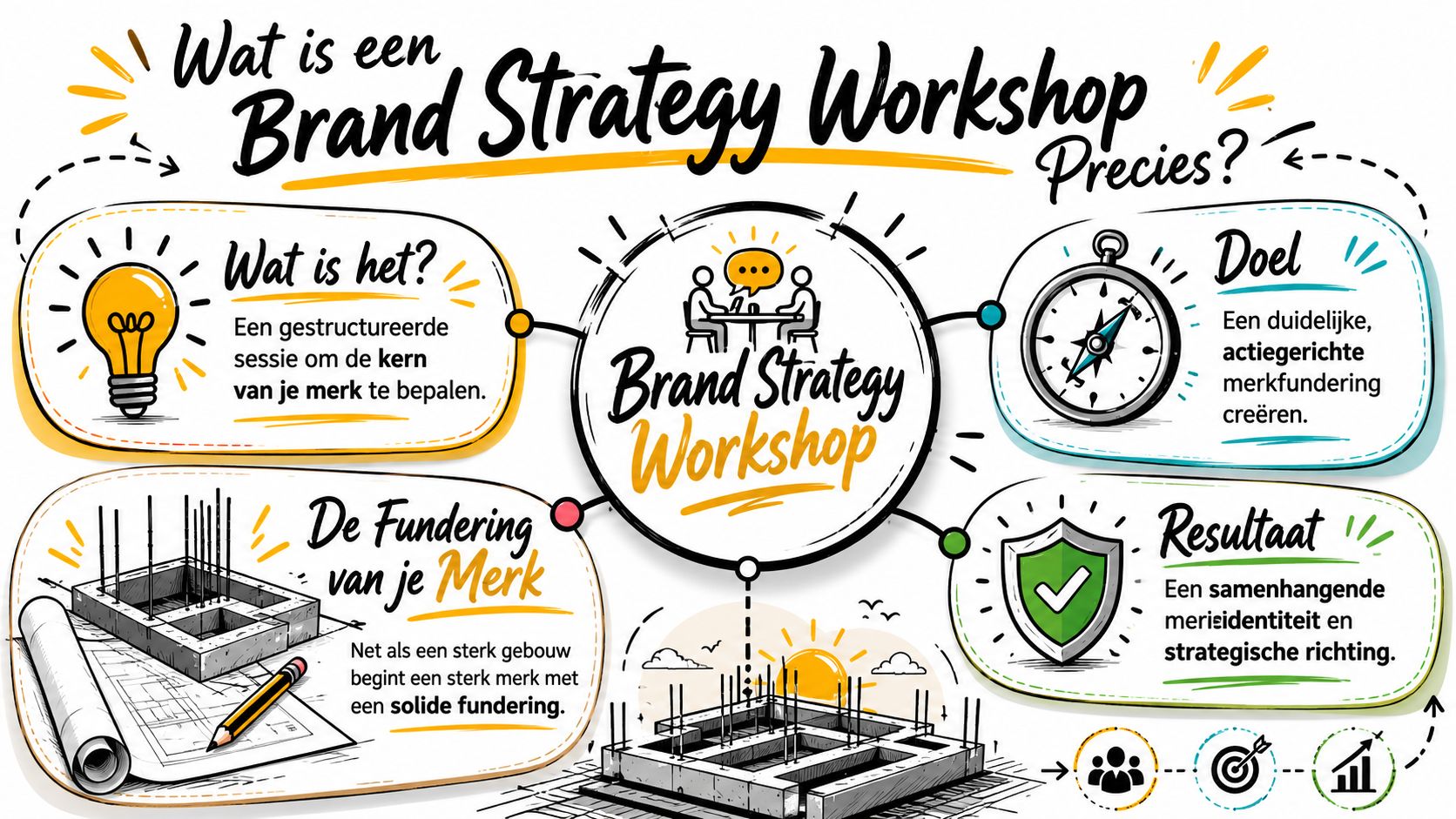 Een informatieve infographic over wat een brand strategy workshop inhoudt, inclusief doelen, fundering en behaalde resultaten.