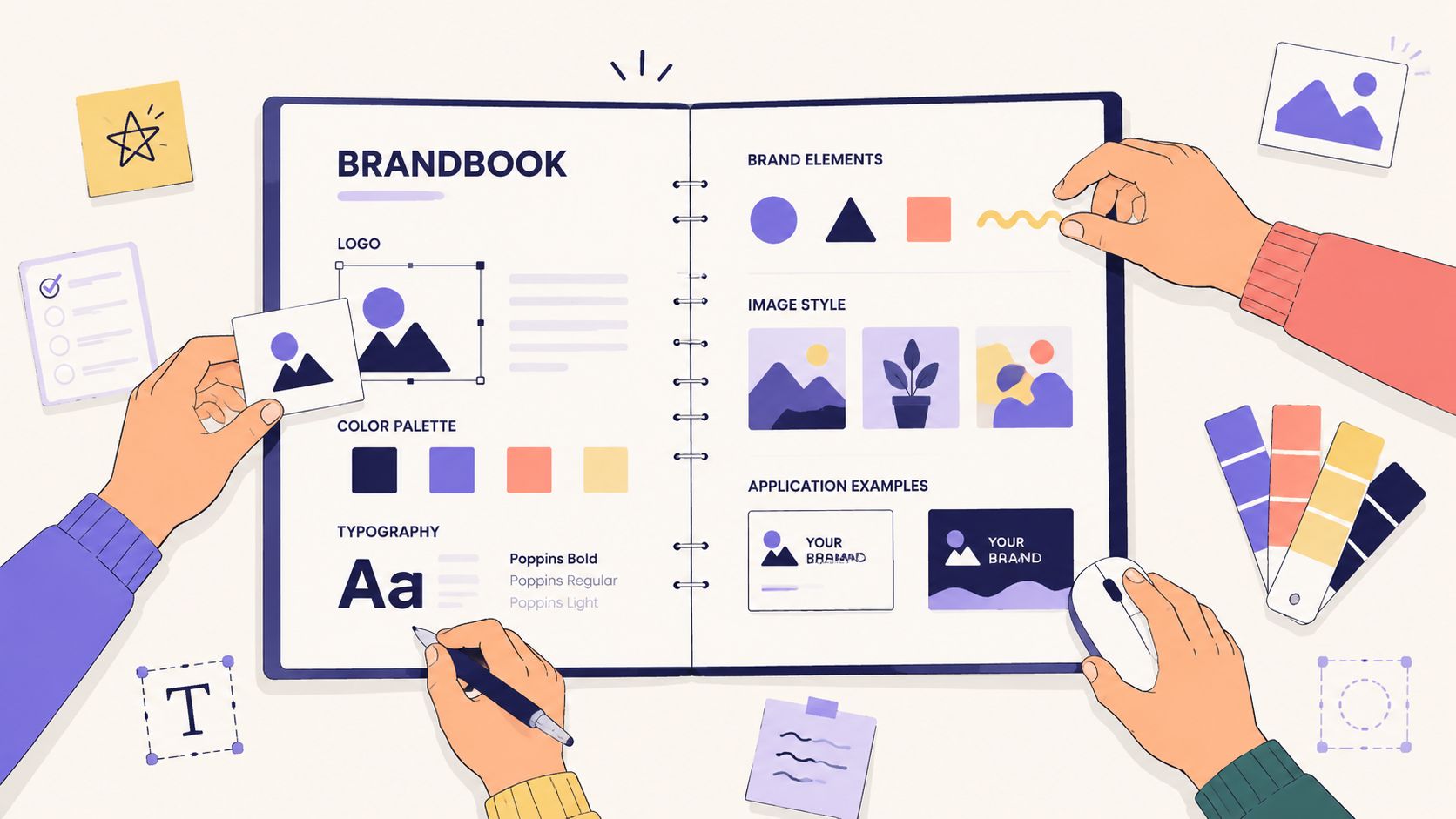 Een handen-set die werkt aan een gedetailleerd visueel brandbook met kleuren, typografie en logo-elementen.
