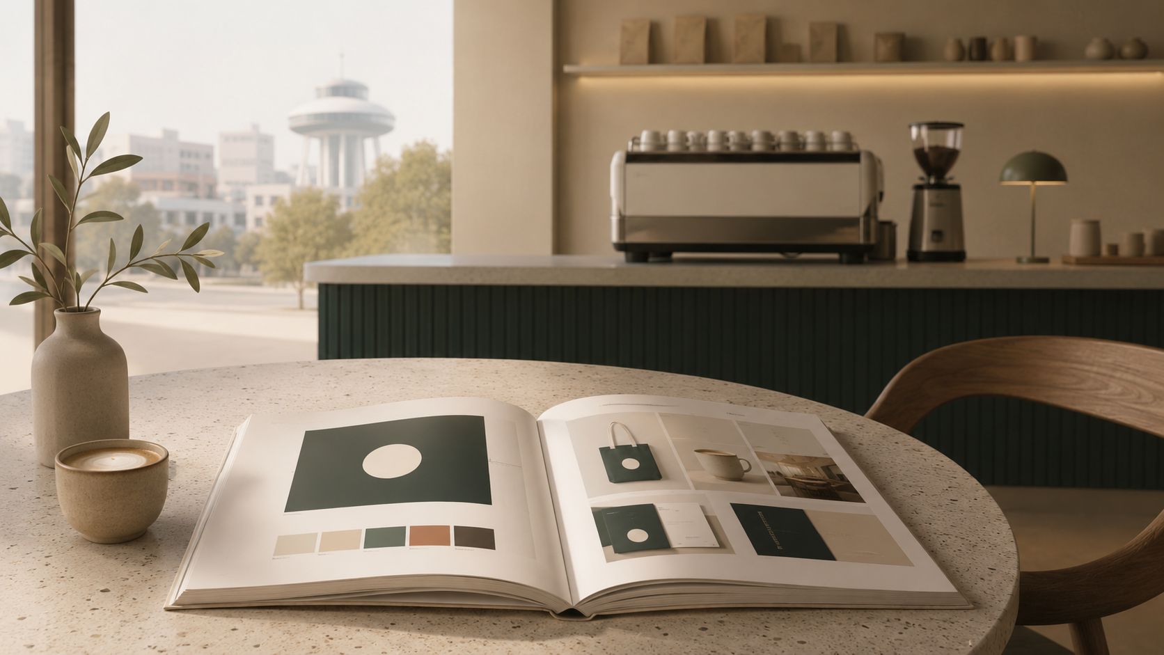Een open brandbook sjabloon ligt op een tafel in een modern en sfeervol café bij het raam.