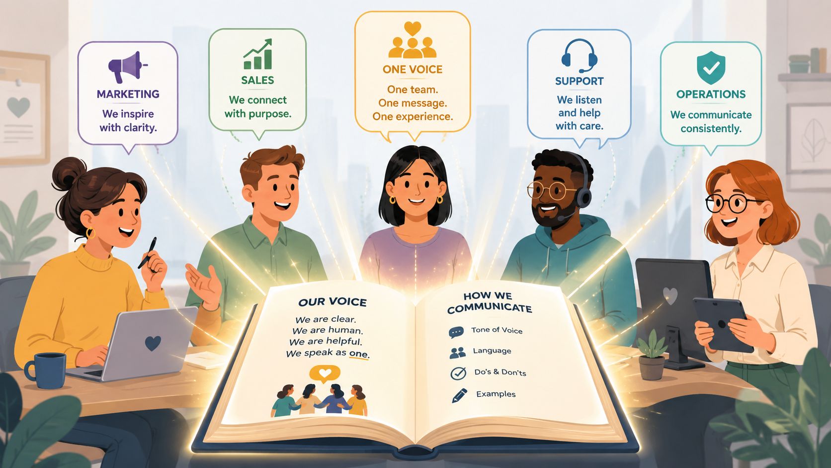 Een team van collega's werkt samen aan een gezamenlijke communicatiestijl voor een eenduidige merkuitstraling.