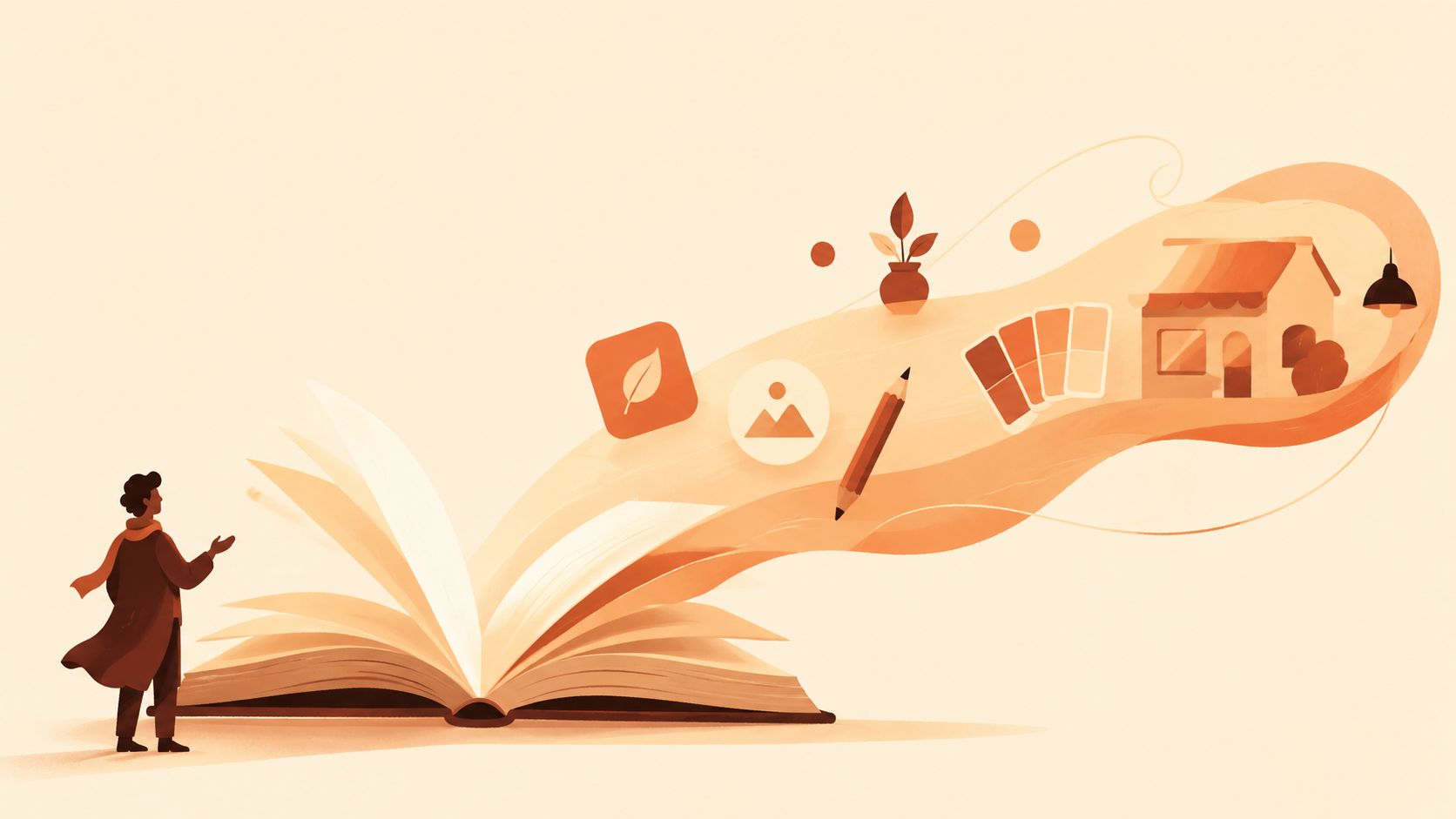 Een persoon kijkt naar een open boek waaruit creatieve symbolen en iconen van werk en ontwerp opstijgen.