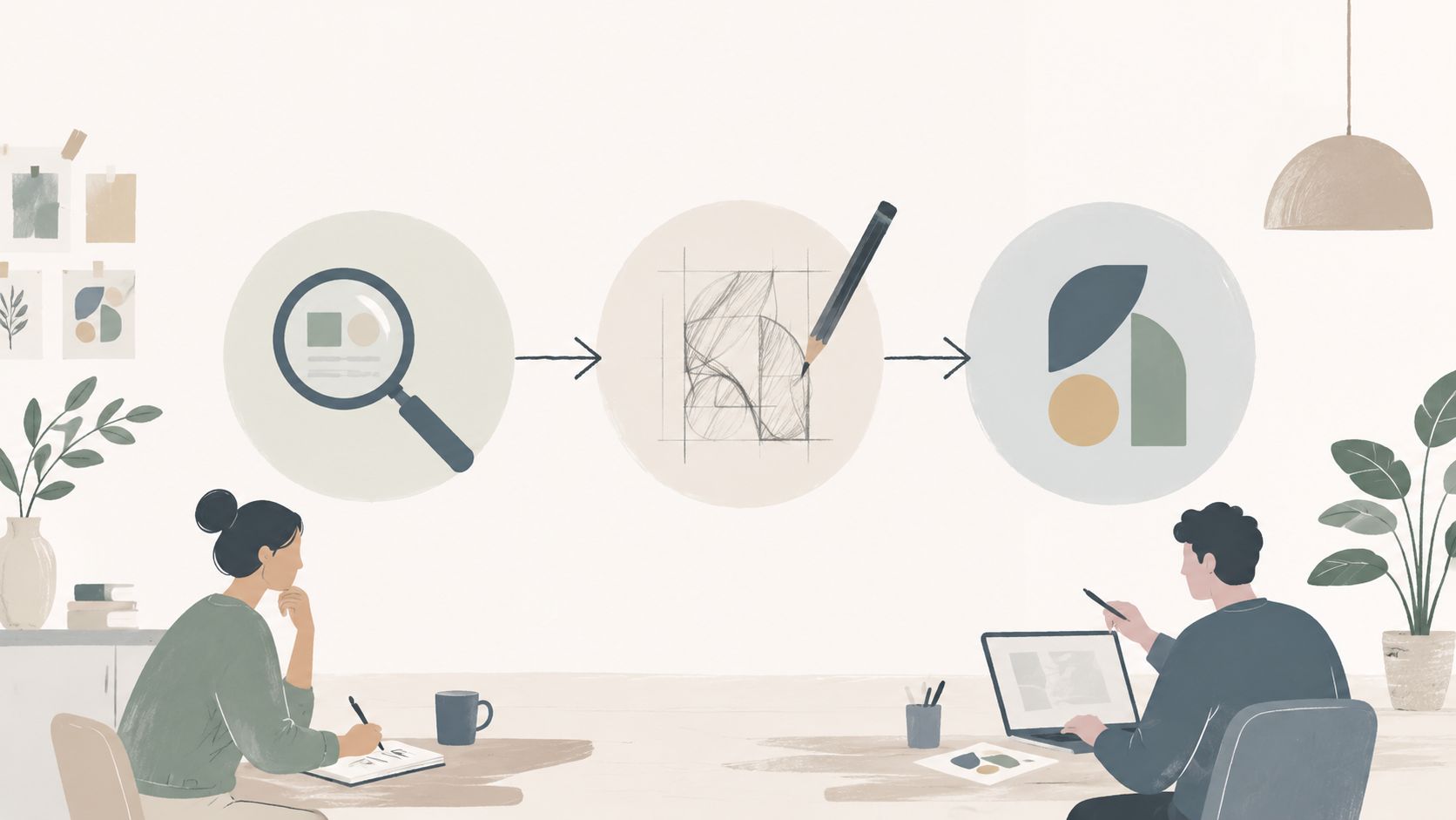 Illustratie van twee mensen die samenwerken aan een creatief ontwerpproces in een moderne kantooromgeving.