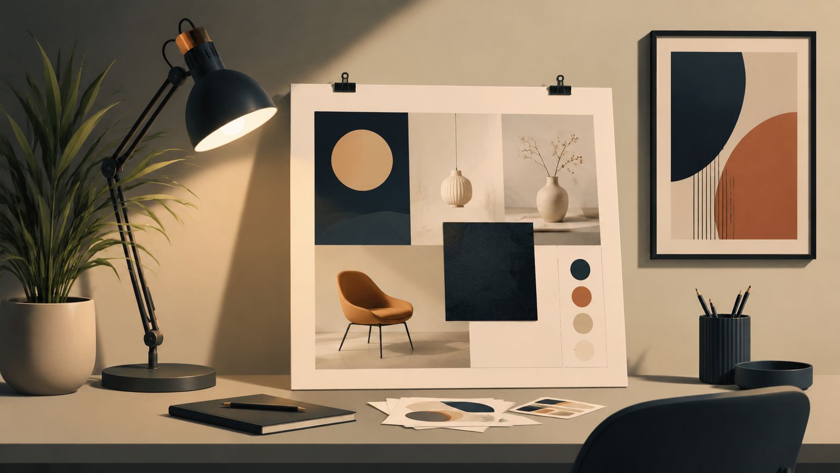 Een esthetisch bureau met een moodboard, een bureaulamp, een plant en een modern schilderij aan de muur.