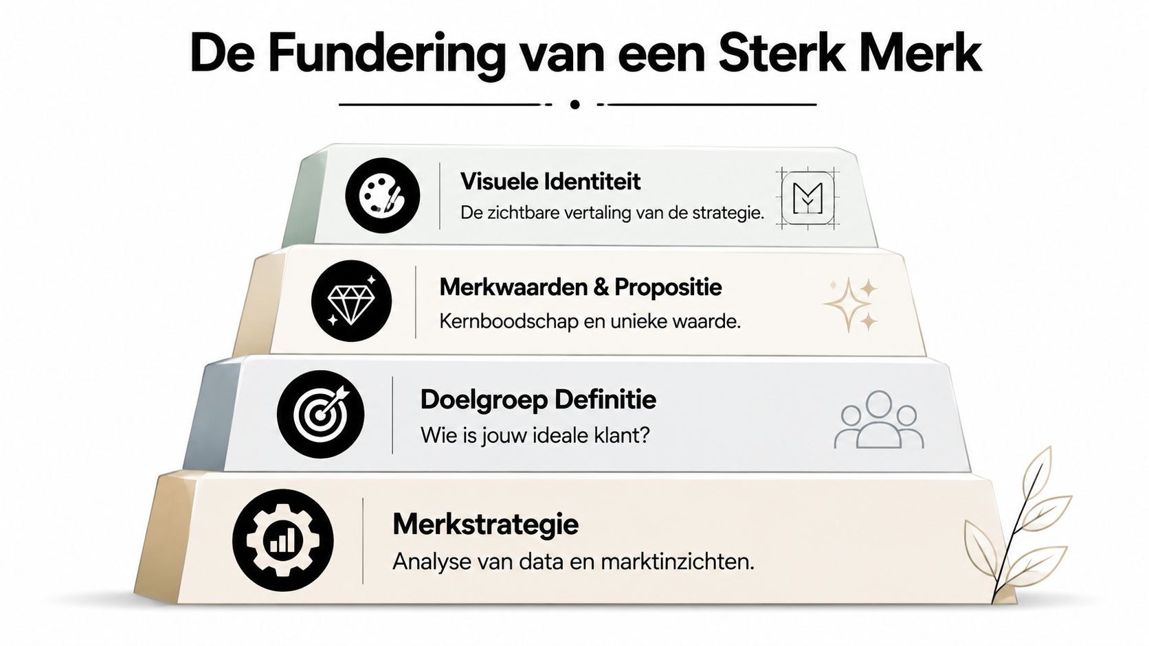 Een piramide die de stappen voor het opbouwen van een sterk merk visueel en stapsgewijs weergeeft.