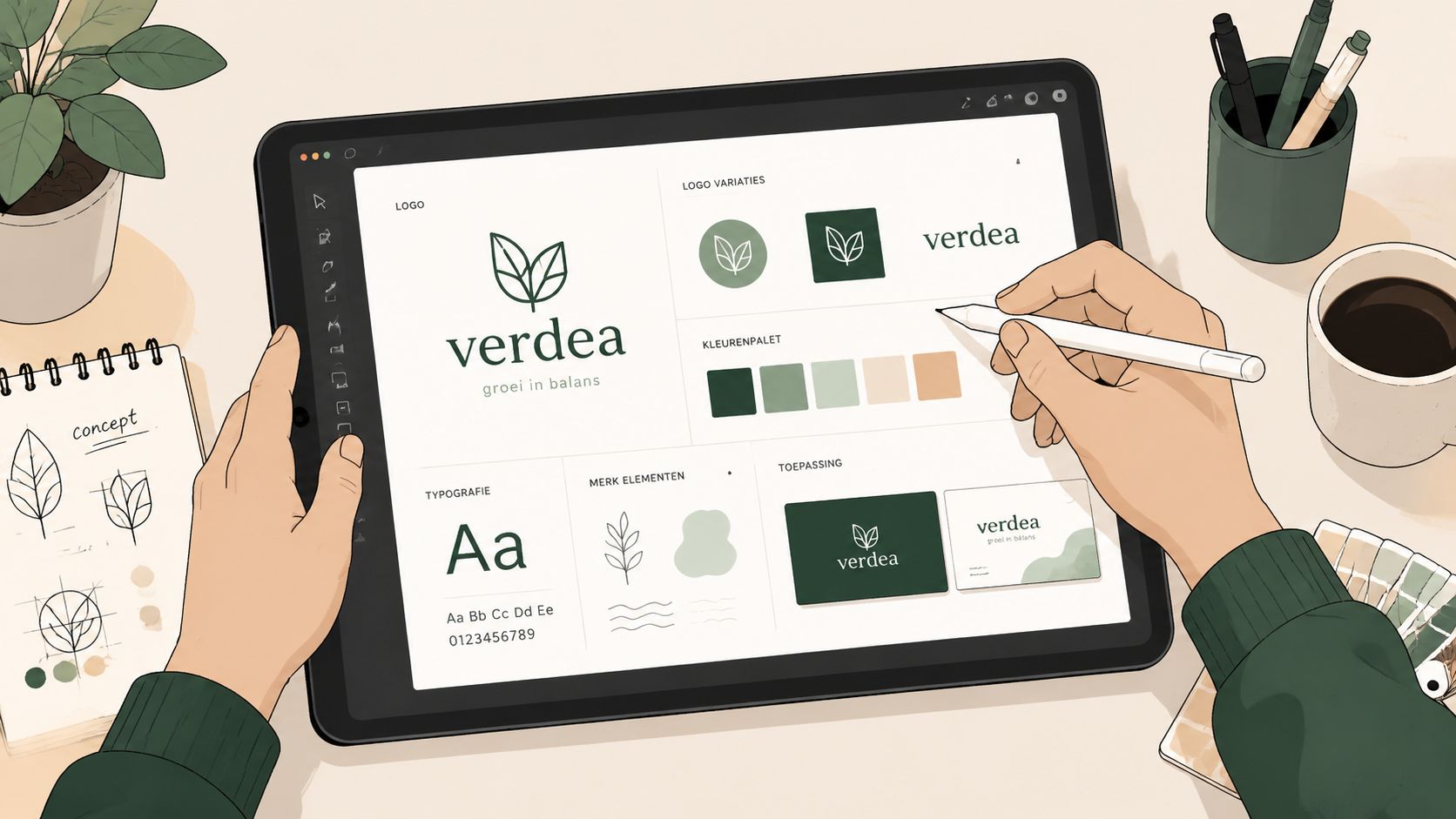 Een digitale tablet toont een branding-ontwerpproces met logo's, kleurenpaletten en typografie voor het merk Verdea.