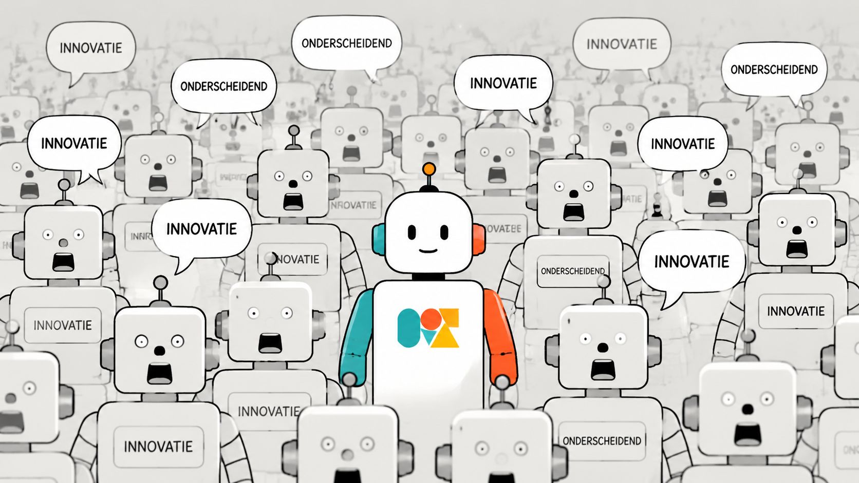 Een vrolijke robot die opvalt in een menigte van eentonige robots die alleen maar innovatie roepen.