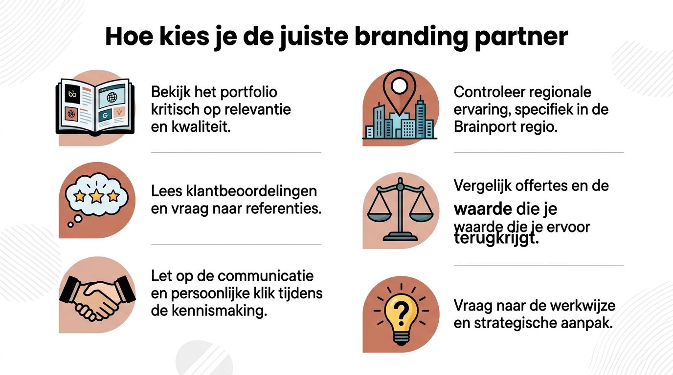 Een infographic die toont hoe je een geschikte branding partner kiest met zes praktische tips.