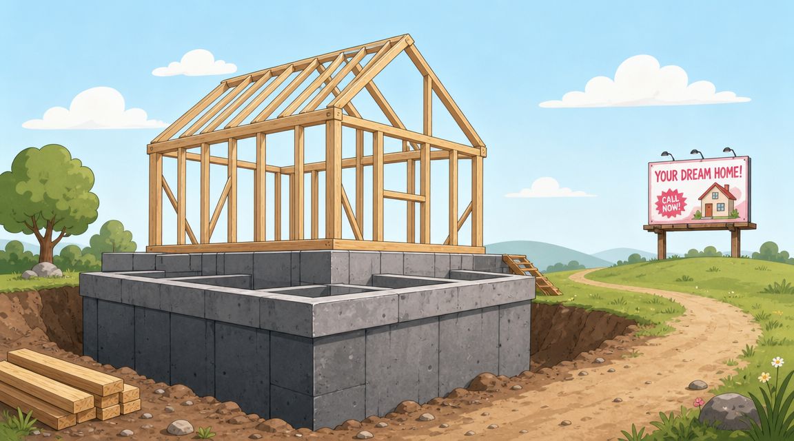 Een houten geraamte van een woning in aanbouw op een fundering in een rustig landschappelijk gebied.